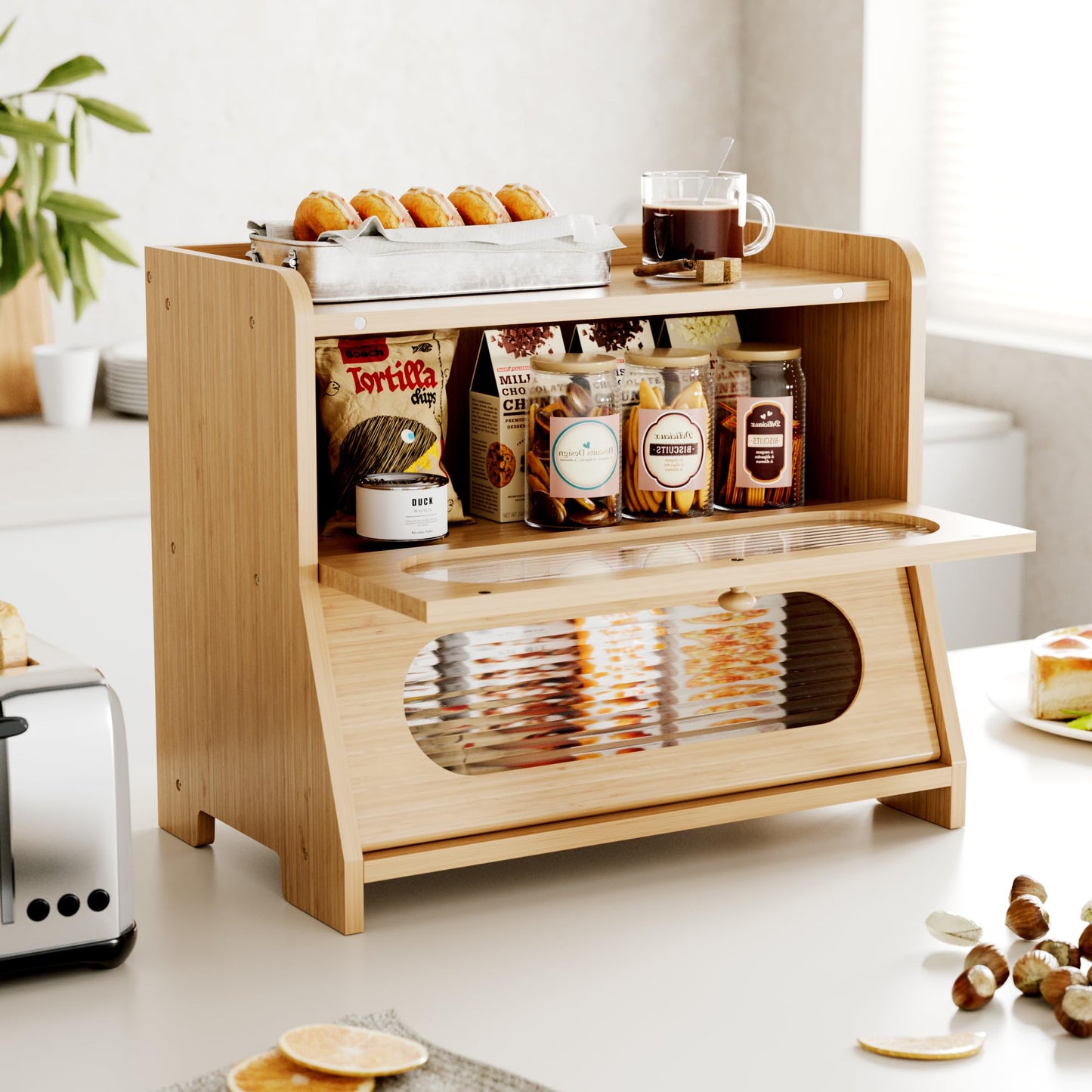 Stylstoreazy Bread Box,Extra Large 2-Tier Bamboo Bread Box for Kitchen Countertop,Bread Storage Container with Magnetic Acrylic Door for Homemade Bread,Under Cabinet,Pantry Organizer(Natural)