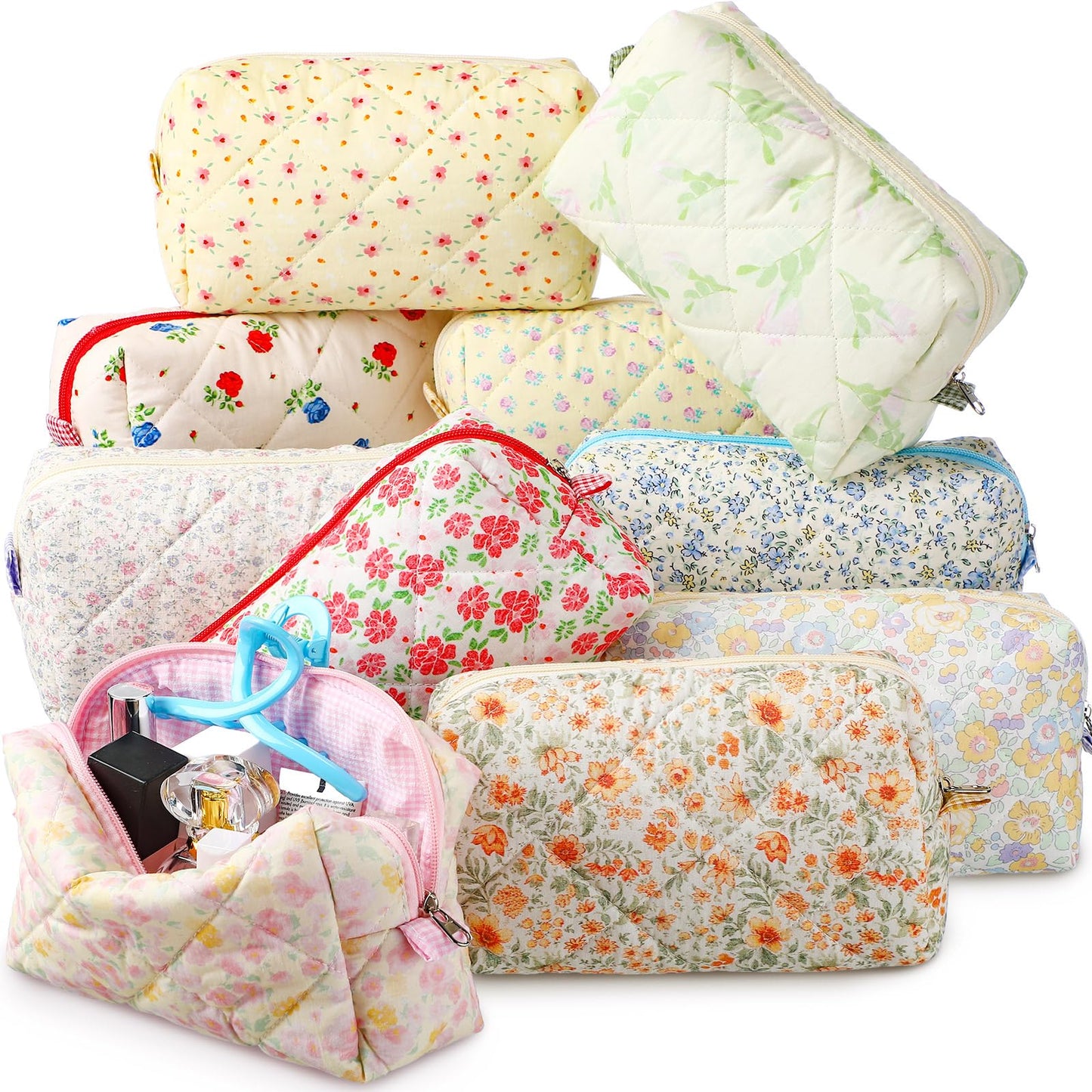 Paterr 10 Pcs Cotton Quilted Makeup Bag Floral Cosmetic Bag Coquette Aesthetic Makeup Pouch with Zipper Travel Portable Beauty Case Preppy Gifts for Women(Classic Style)
