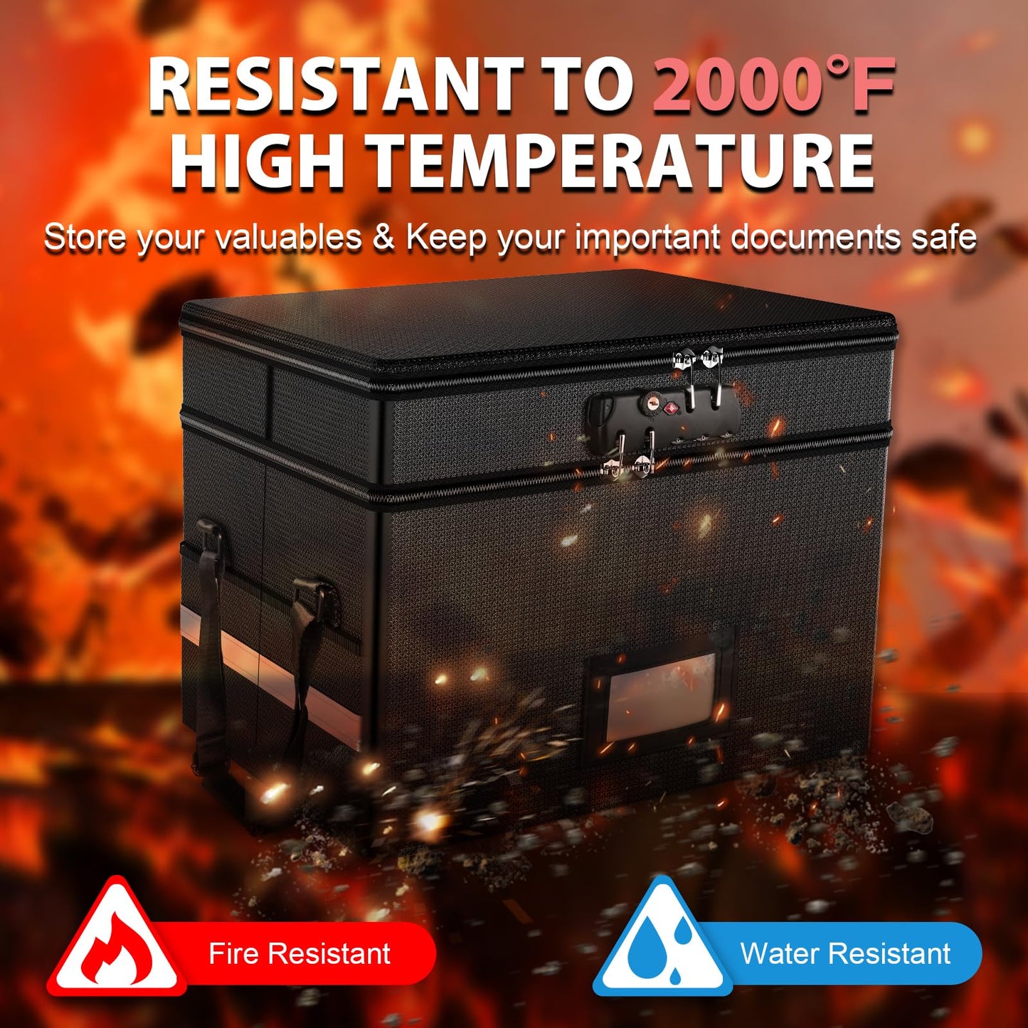 RHM Fireproof Document Box with Lock, 2 Layer Fire Proof File Box for Documents with Handle, Portable Home Office Fire Safe Document Box for Hanging Letter/Legal Folder/Certificate