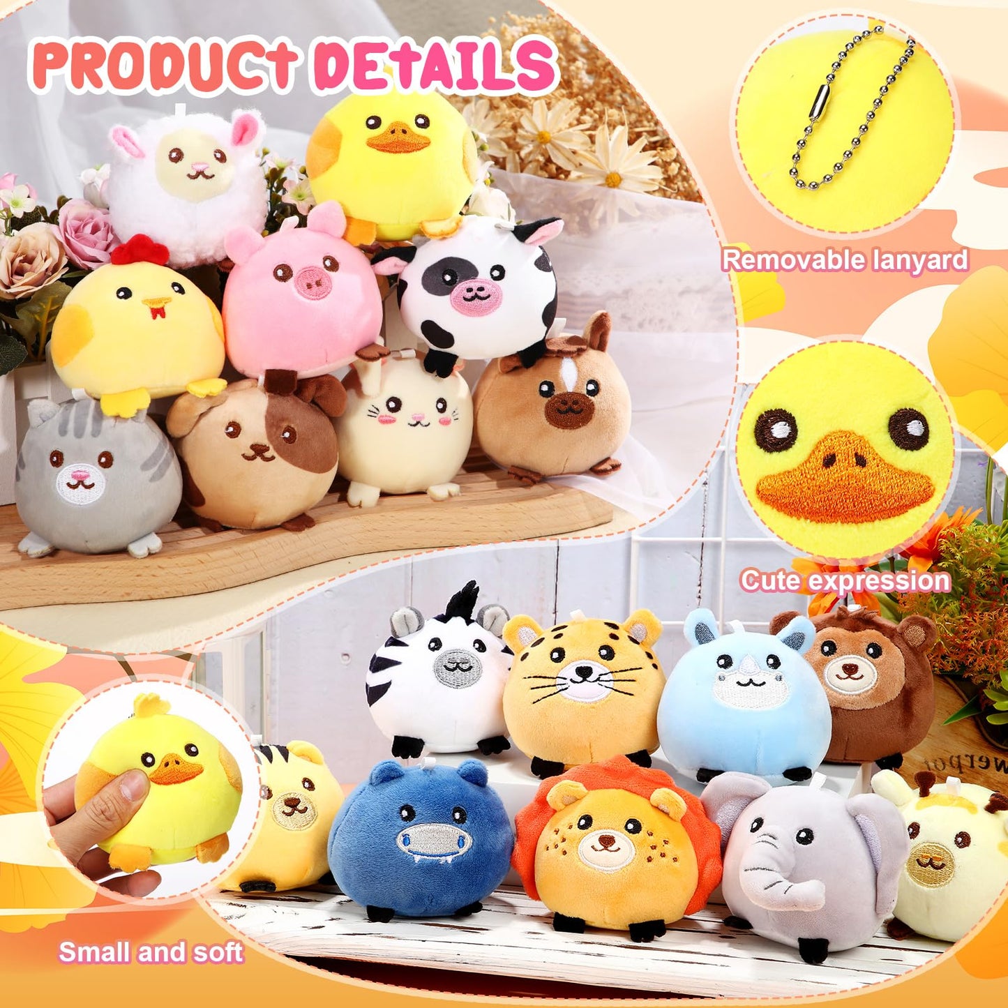 Halloscume 18 Pcs Mini Stuffed Animals Bulk 3.15 Inch Small Plush Forest Farm Jungle Animal Toys Keychains Set for Birthday Gifts Easter Egg Fillers Basket Stuffers School Prizes Party Favors