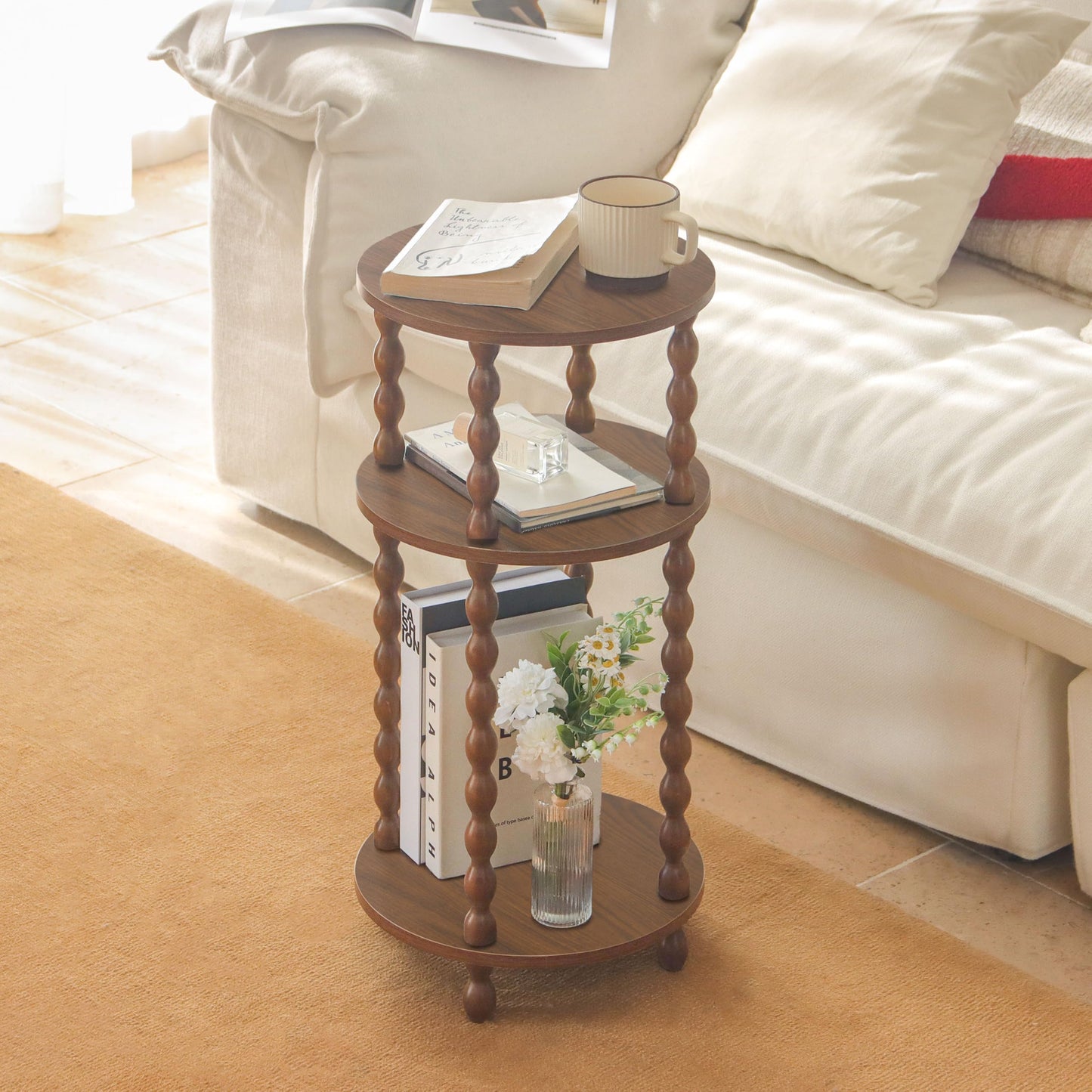 AWASEN Small Round End Table, Round Side Table with 3-Tier Open Shelf for Small Spaces, Wood Accent Table Nightstand for Bedroom, Living Room, Office, Walnut Brown