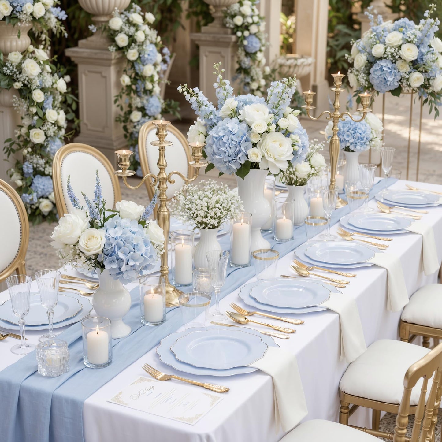 NOCCUR 175PCS Blue Plastic Plates with Gold Disposable Silverware - Include 50 Light Blue and Gold Plastic Plates,25 Knives,25 Forks,25 Spoons,25 Cups and 25 Napkins - Baby Shower/Party/Spring/Wedding