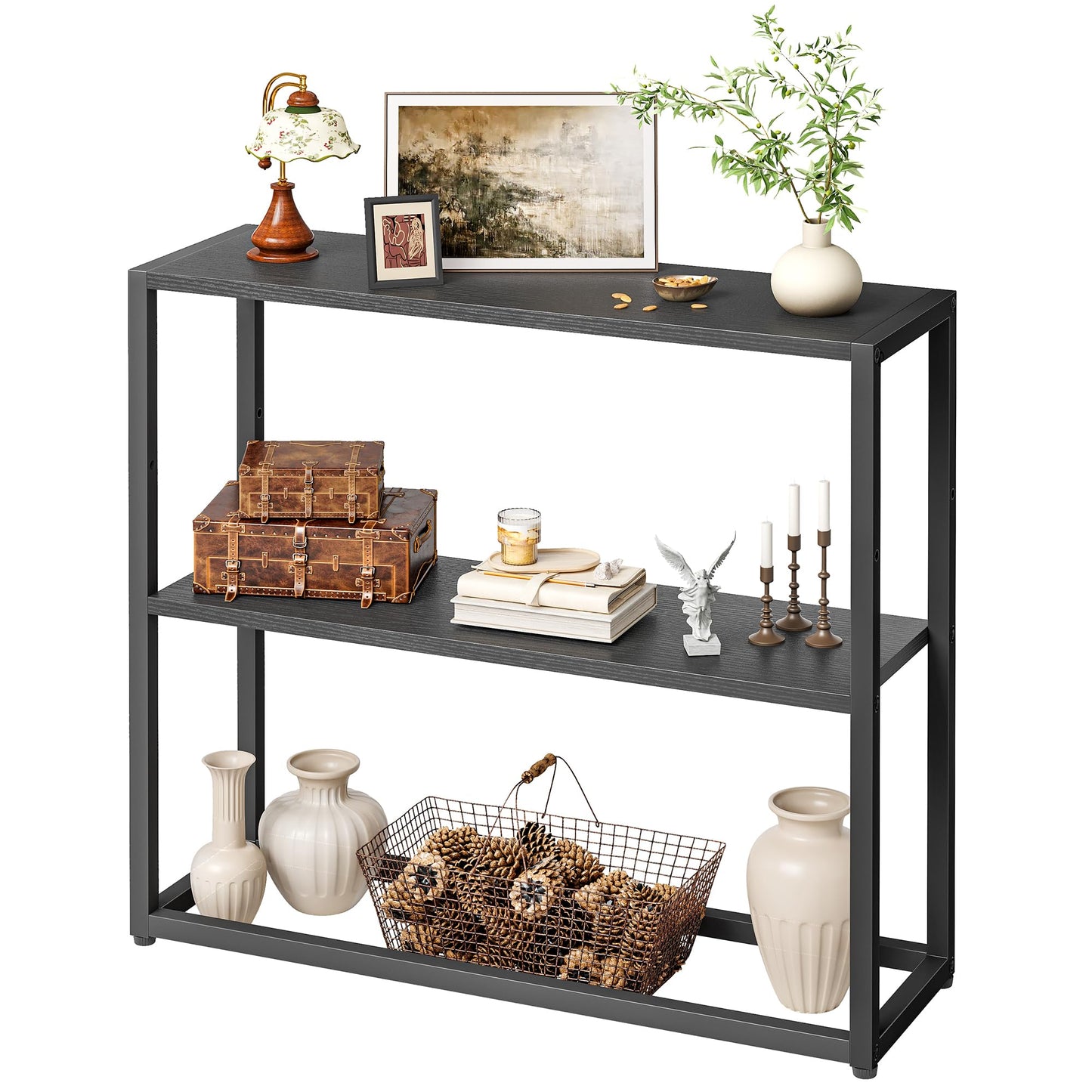 TIQLAB Small Entryway Table, 29.5" Narrow Console Table with Shelves, Sofa Table, Couch Table, Side Table, Entry Table for Hallway, Living Room, Small Space, Black