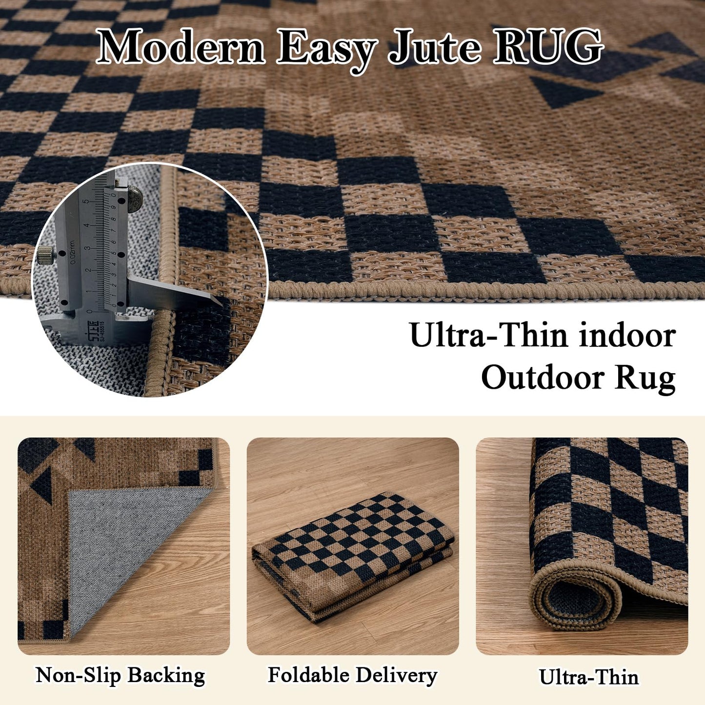 LIVEBOX Easy Jute Runner Rugs for Hallway 2x10, Non Slip Washable Rug Runner, Checkered Extra Long Rugs for Hallways, Ultra Thin Farmhouse Kitchen Rug for Hardwood Floor