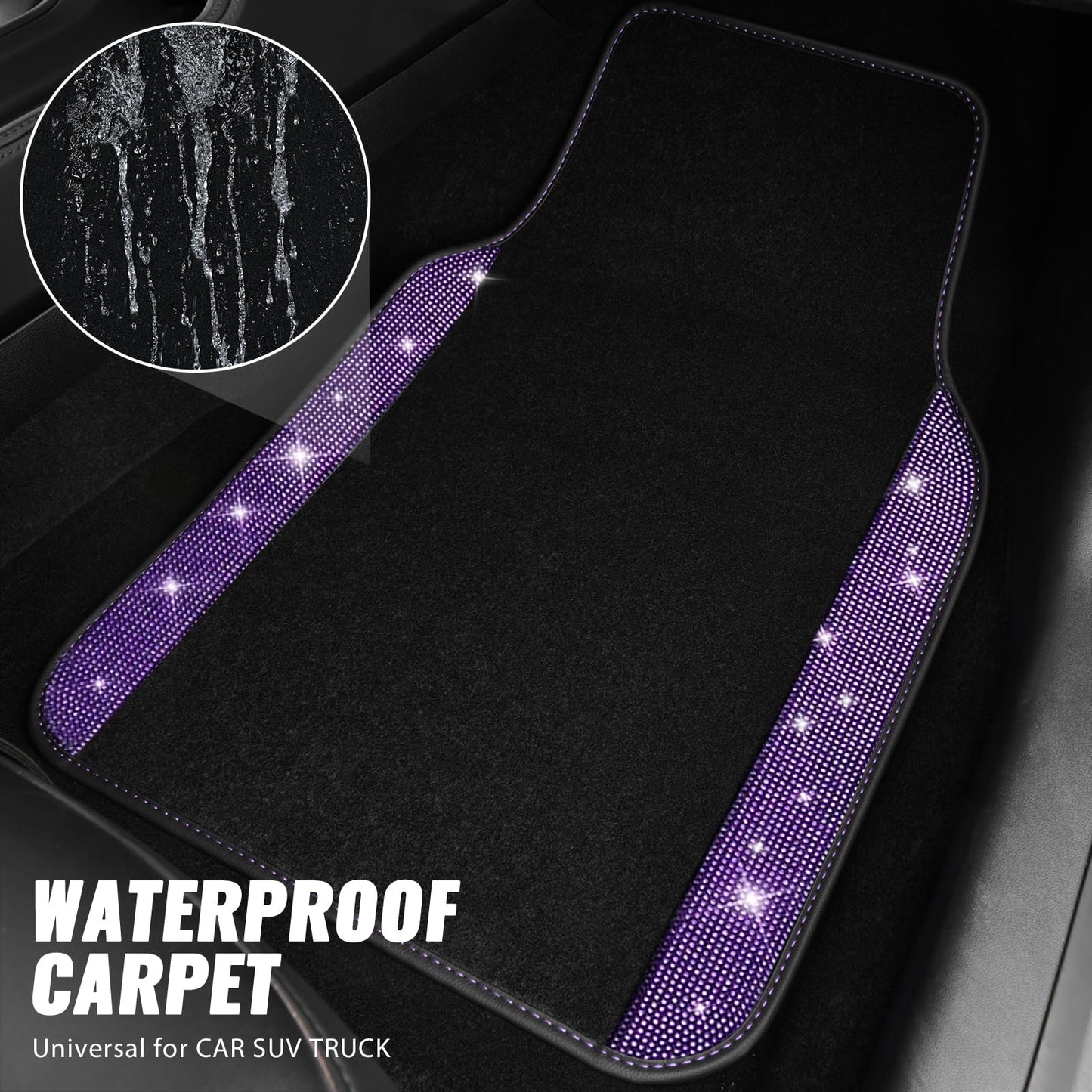 CAR PASS Bling Diamond Leather Steering Wheel Cover 14.5in-15in Floor Mats Shining Rhinestone Carpet Sparkly Glitter Crystal Anti-Slip Pad Fit Automotive SUV Pickup Truck Girl Women, 5pcs Black Purple