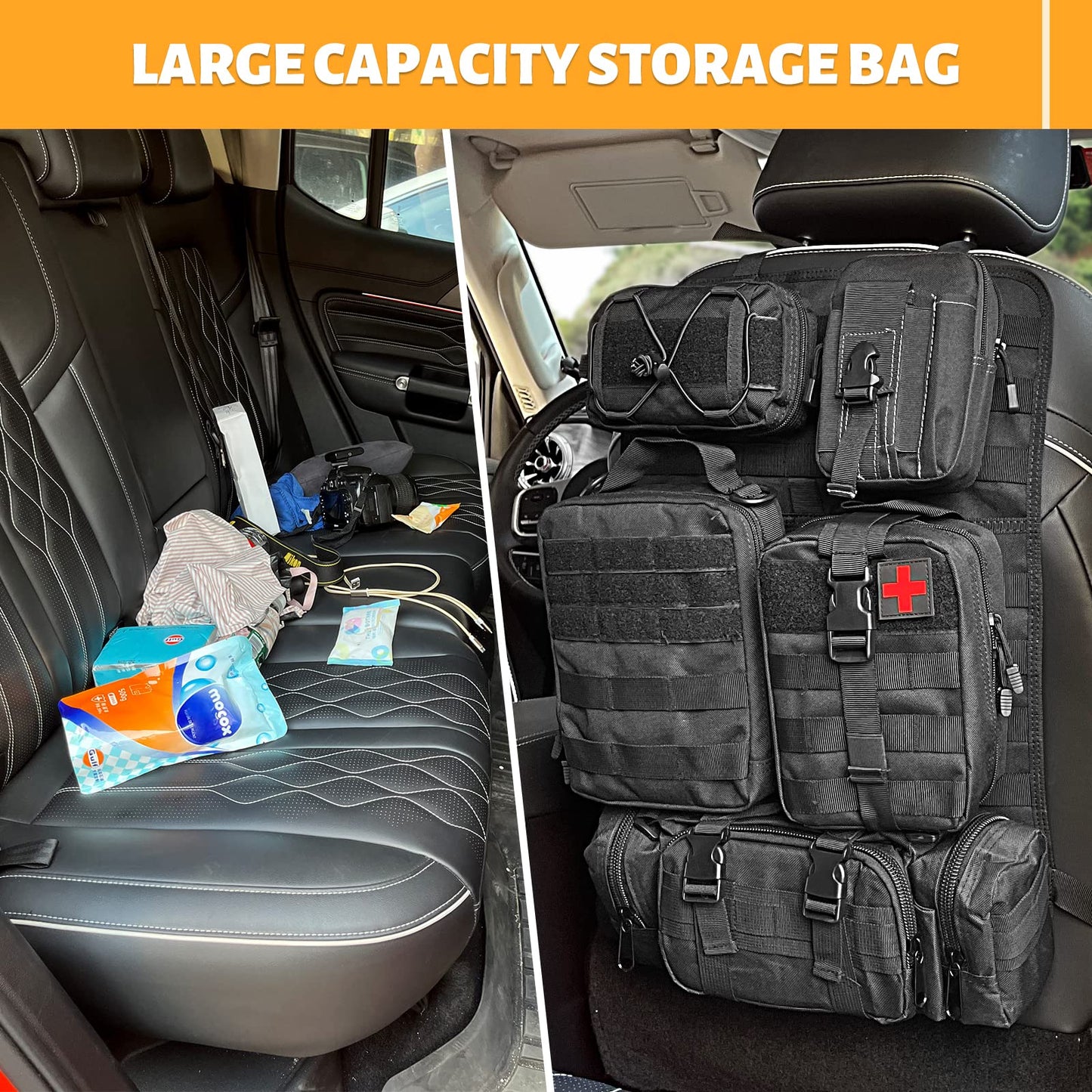 MAIKER Tactical Car Seat Back Organizer, Upgrade Tactical Vehicle Panel Organizer with 5 Detachable Molle Pouch, Universal fits for Most of Vehicle Black