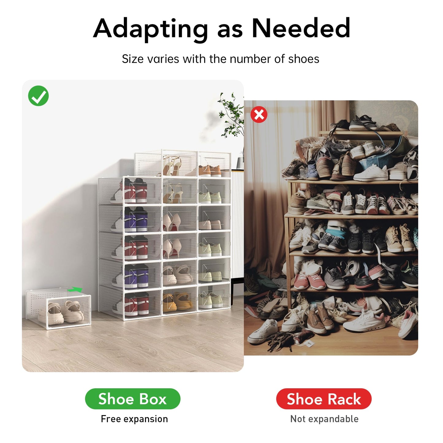 Foluck X-Large Shoe Storage Box, 15 Pack Clear Plastic Stackable Shoe Organizer for Closet, Interlocking Design Shoe Container Bins for Sneakers, Foldable Shoe Rack with Lids, White