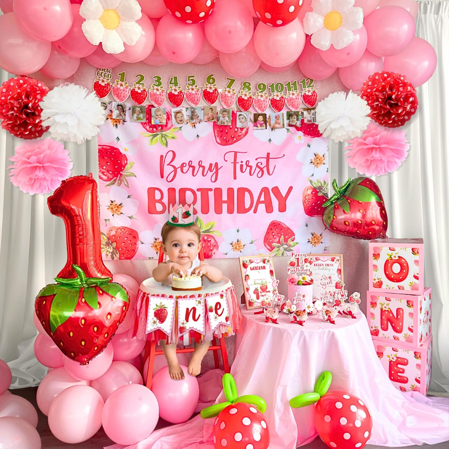 RainMeadow Premium Berry First Birthday Decorations Set - Strawberry 1st Birthday Decorations Girl with Banner, Balloons, High Chair Tutu, Cake Toppers, Milestone Garland & More for Baby Girls