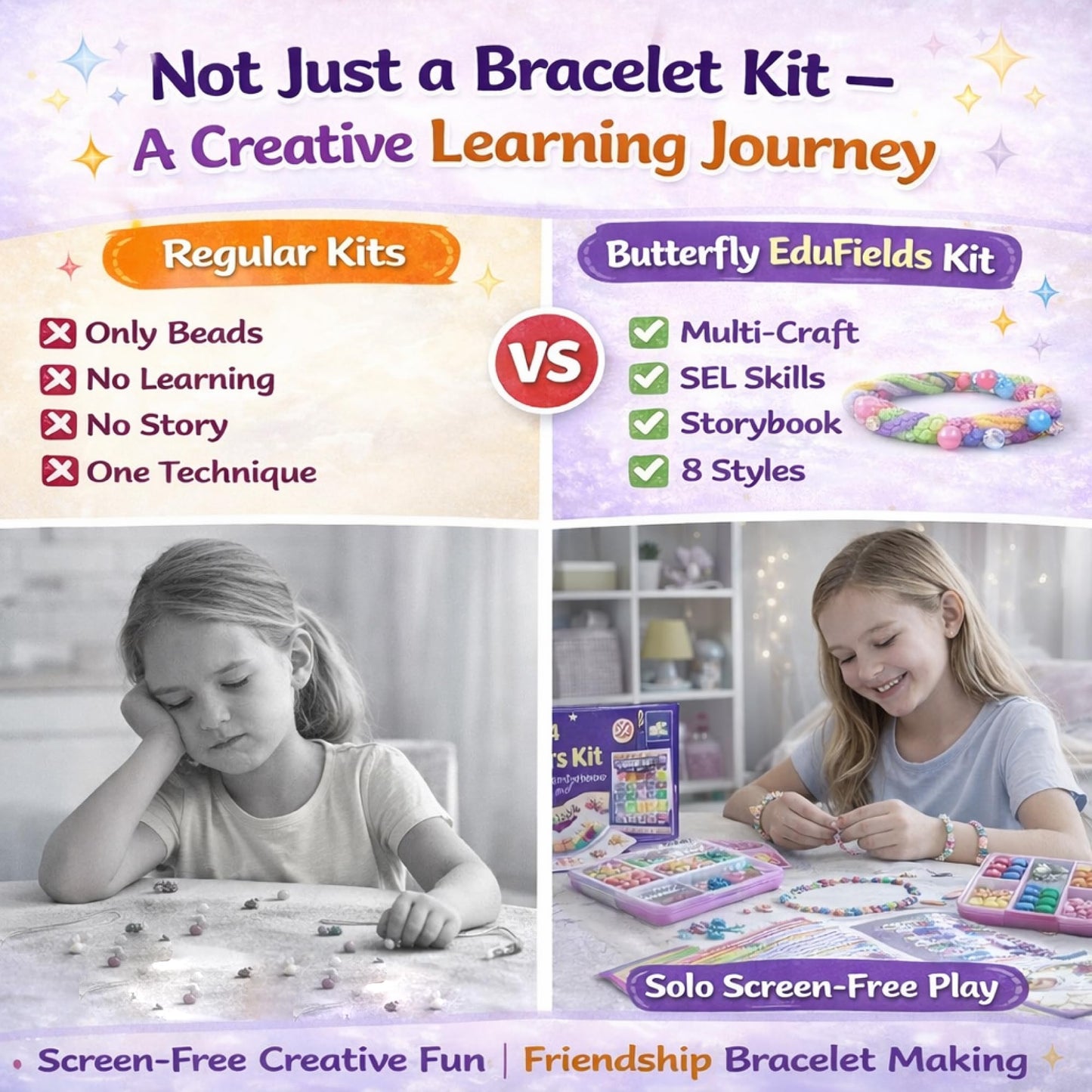 Butterfly EduFields Bracelet Making Kit for Girls Ages 8-14 | 25+ DIY Bracelets, 8 Craft Styles, Storybook | DIY Jewelry Craft Kit for Girls with 200+ Pieces, Beads, Loom, Charms, Threads, Clay, Gems