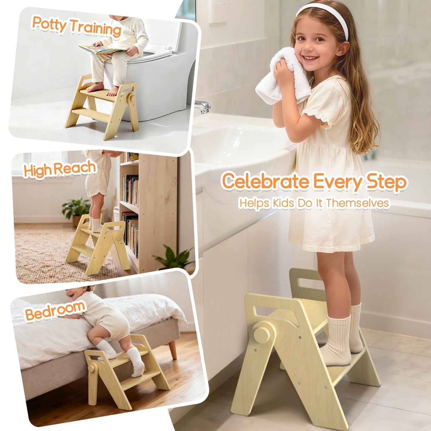 HOMEKOL Toddler Kids 2 Step Stool for Bathroom Sink, Natural Wood Color