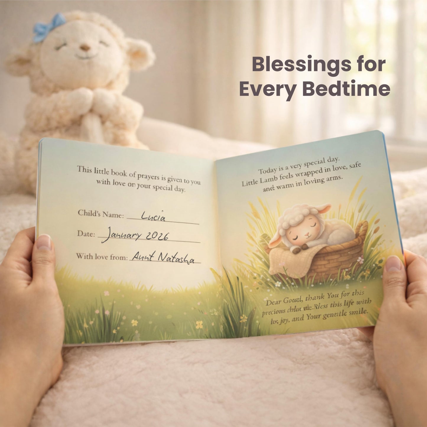 Highmark Collective Baptism Gift for Boy Baptism Set with 10" Praying Lamb Plush Toy with Blue Bow, Bamboo Muslin Blanket & First Prayer Book, Ready to Gift Keepsake Box