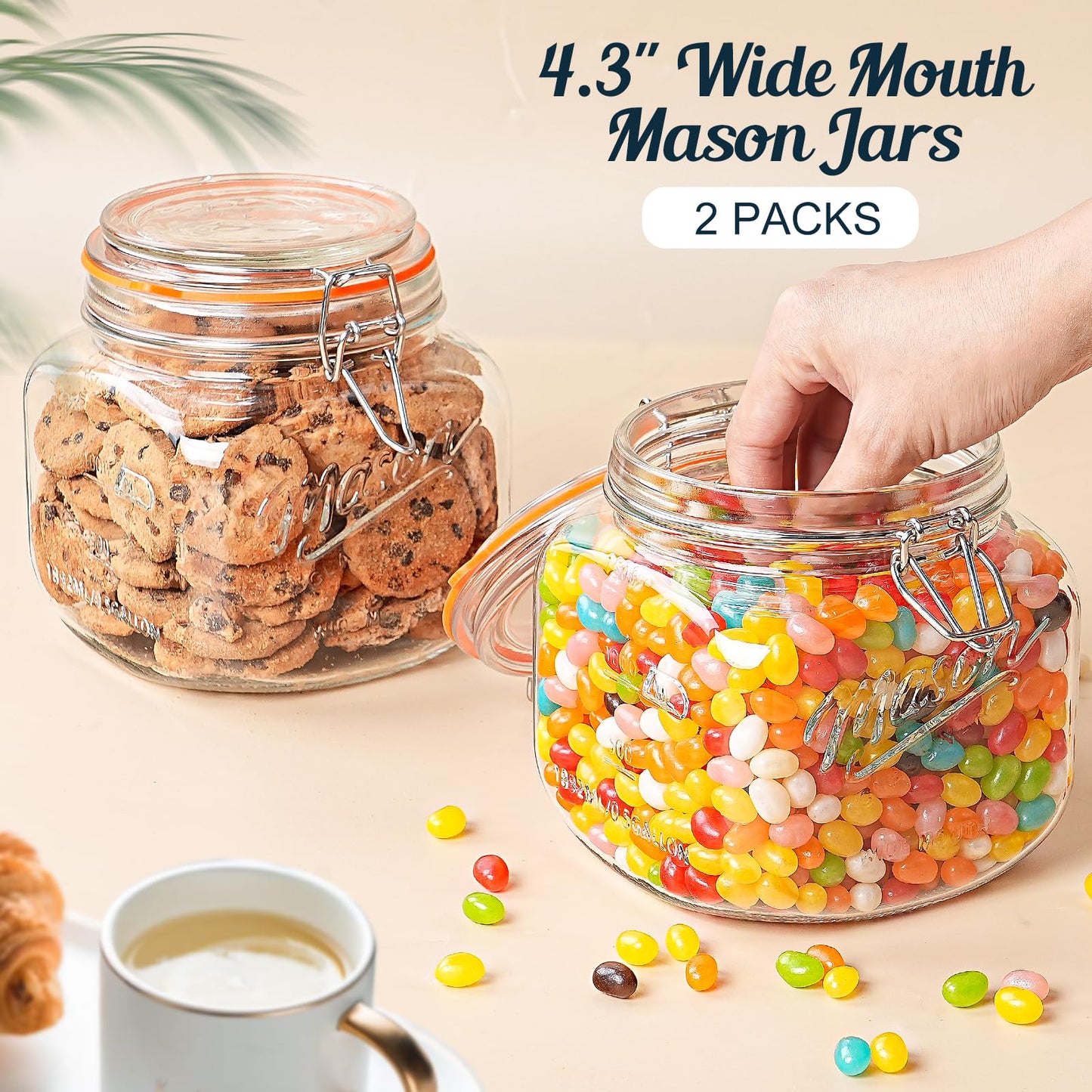 Dwbligt 2 Pack Half Gallon Mason Jar with Hinged Lid, Wide Mouth Glass Canisters for Food Storage, Cookie, Flour, Candy, Coffee, Pickle - 64 Oz Glass Jar with Lid - 2 Scale Marks & Vintage Mason Jars