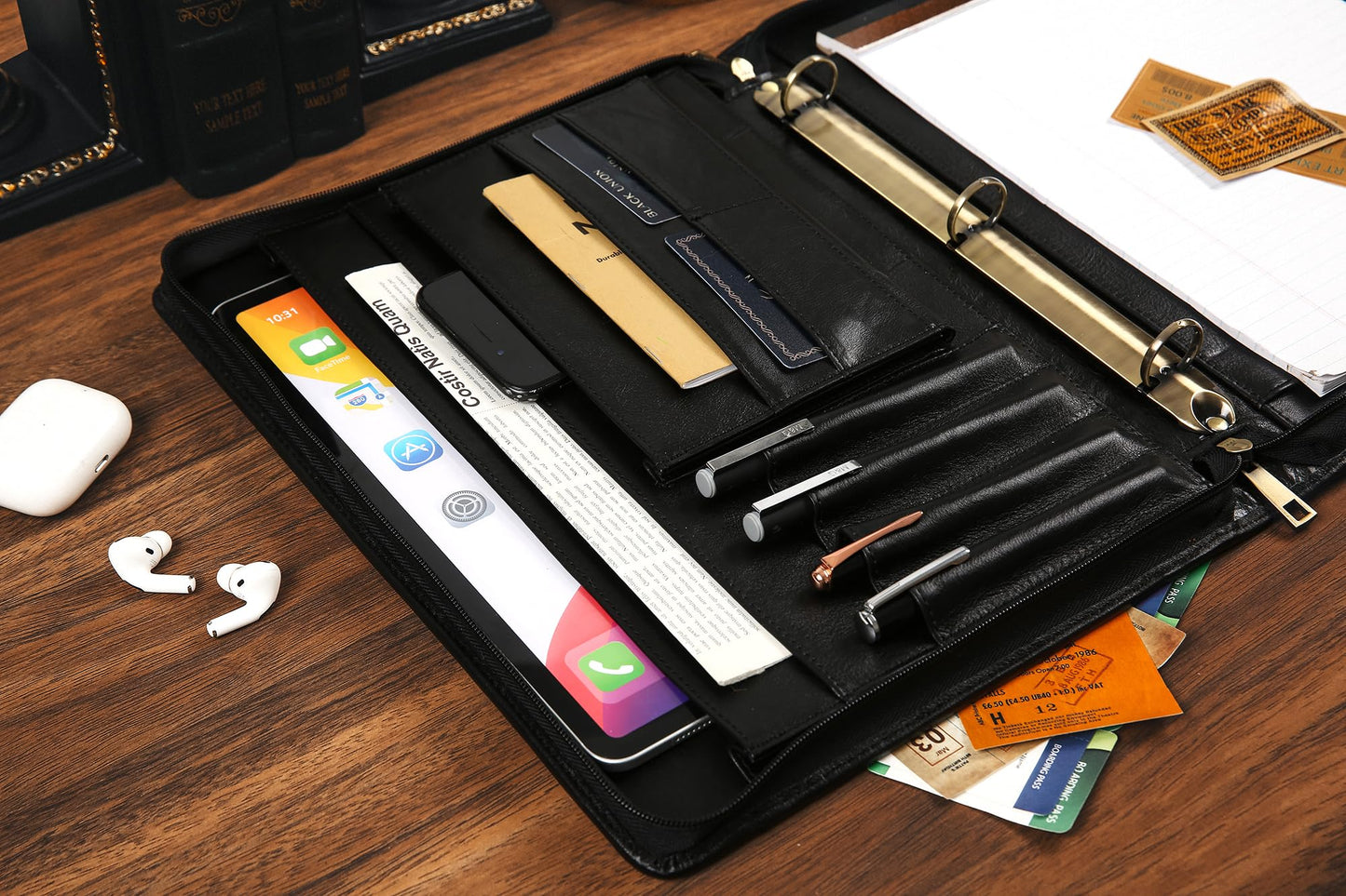 Handmade Leather Portfolio Binder - Leather Binder 3 Ring Portfolio Genuine Leather Business Padfolio, Personlized Legal Pad Folio Folder for Lefty & Righty - Oil Black