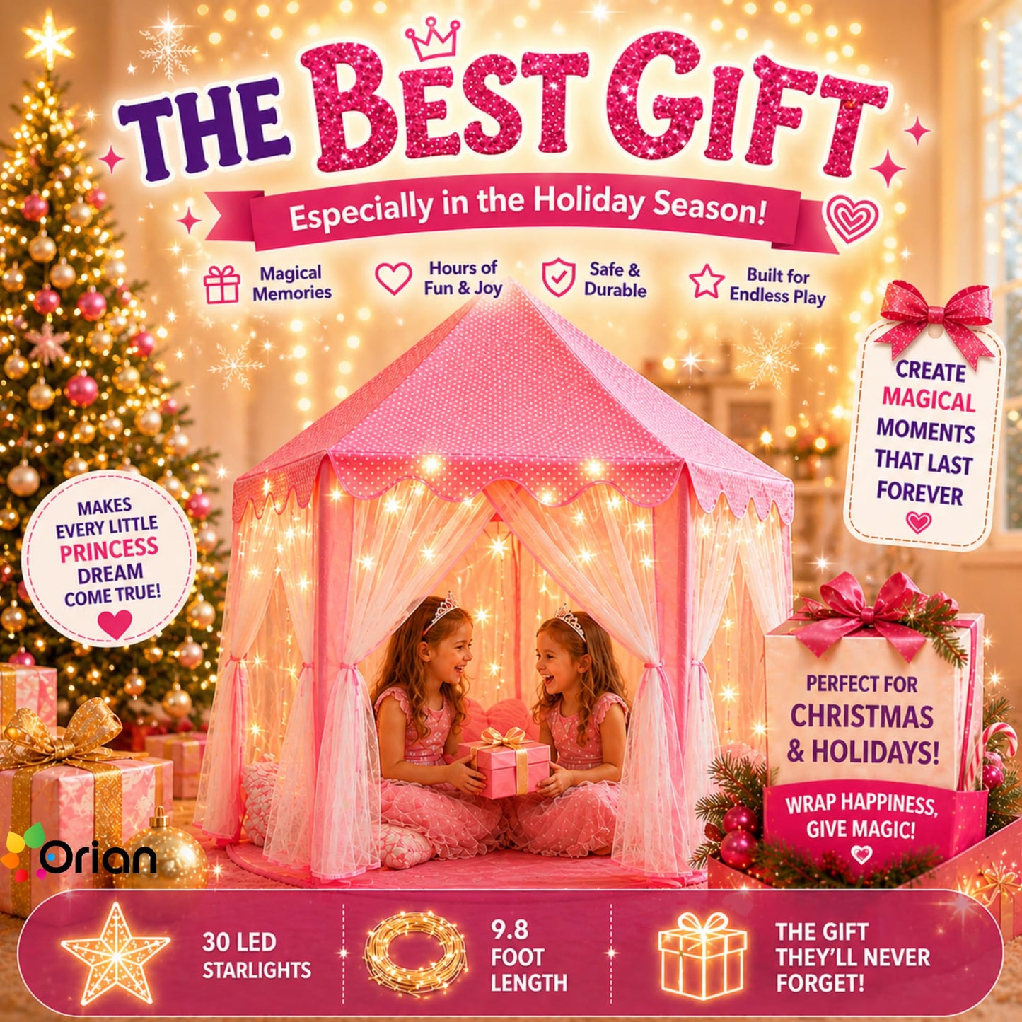 ORIAN Princess Castle Playhouse Tent for Girls with LED Star Lights – Indoor & Outdoor Large Kids Play Tent for Imaginative Games – ASTM Certified, Princess Tent, 230 Polyester Taffeta. Pink 55"x53".
