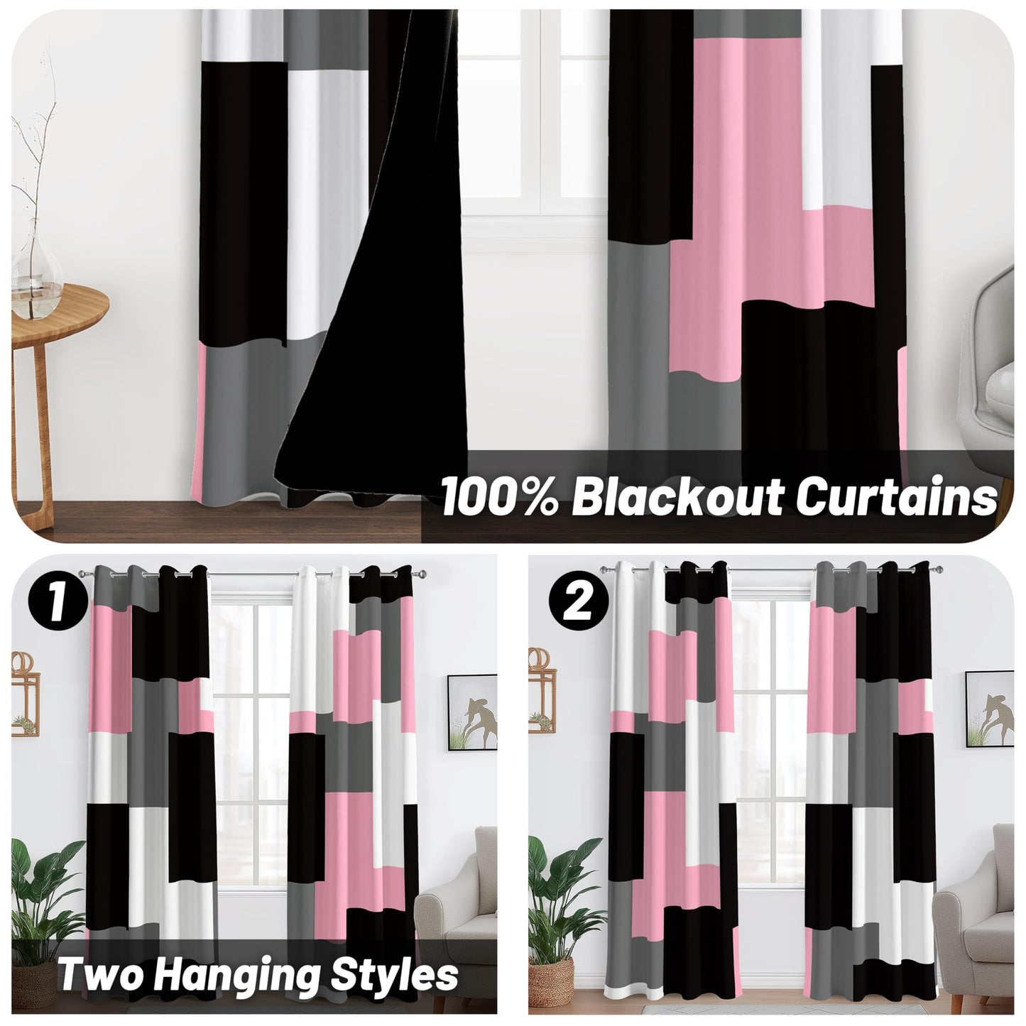 Tyrot Pink 100% Blackout Curtains for Bedroom 84 inch Length 2 Panels Set White Grey Modern Abstract Geometric Black Out Curtains Insulated Room Darkening Window Drapes for Girls Living Room, 52Wx84L