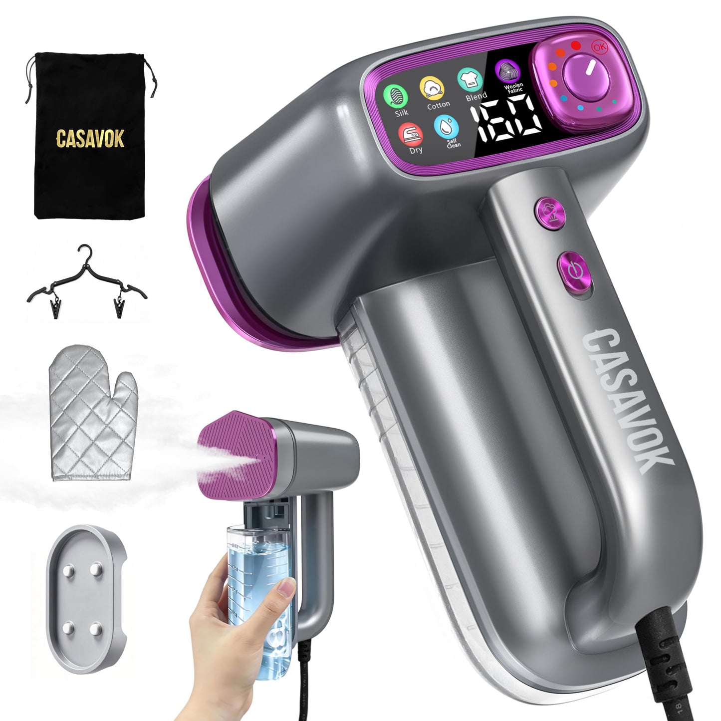 Garement Steamer for Clothes,Travel Steamer for Clothes,2 in 1 steamer and iron,160ml Large Water Tank Portable Steamer for Clothes,6 Steam Mode&Dual-Layer Heated Steam Plate,120V for Home(Purple)