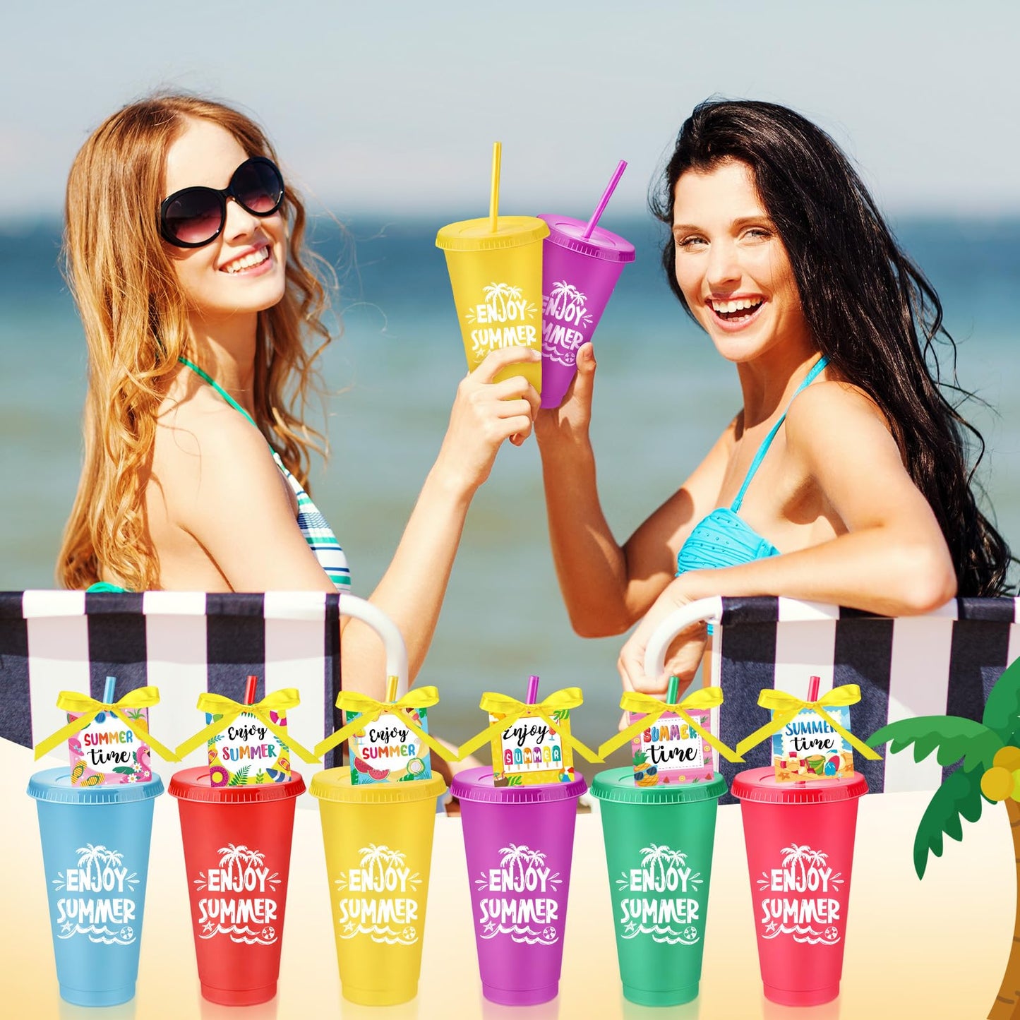 Honeydak 24 Sets End of the Year Gifts for Students Summer Tumbler Bulk 24 oz Plastic Tumbler Cup with Lids Straws and Greeting Card Appreciation Gift for Summer Beach Pool Party Favors Prizes