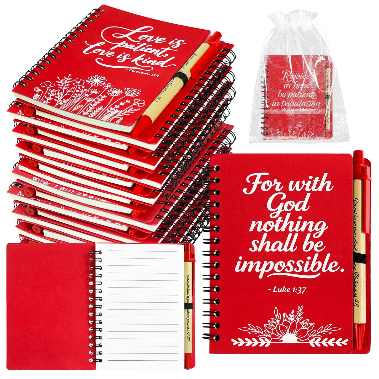Succwoah 90 Pcs/30 Set Christian Gifts Bulk Prayer Journal Spiral Red Notebooks, Inspirational Notepad with Bible Verse Pen & Organza Bags, Perfect Religious Gifts for Men Women, Bible Study Groups, Church Members & Devotions