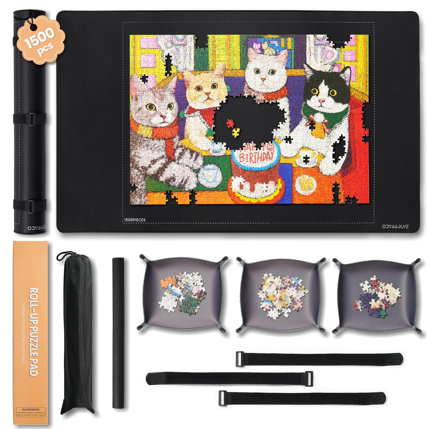 Jigsaw Puzzle Mat Roll Up, Saver Pad 46" x 26 ", with 3 Sorting Trays & Travel Storage Bag,Portable Keeper Up to 1500 Pieces with Non-Slip Rubber Bottom