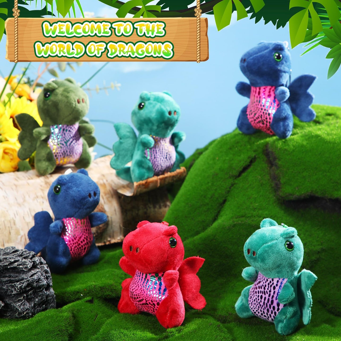 Siifert 12 Pcs Plush Dragon Stuffed Animals Bulk Cute Dinosaur Stuffed Keychain Adorable Dragon Plushie for Boy Girl Birthday Carnival Christmas Party Stocking Stuffers (Dark Color,Lovely Style)