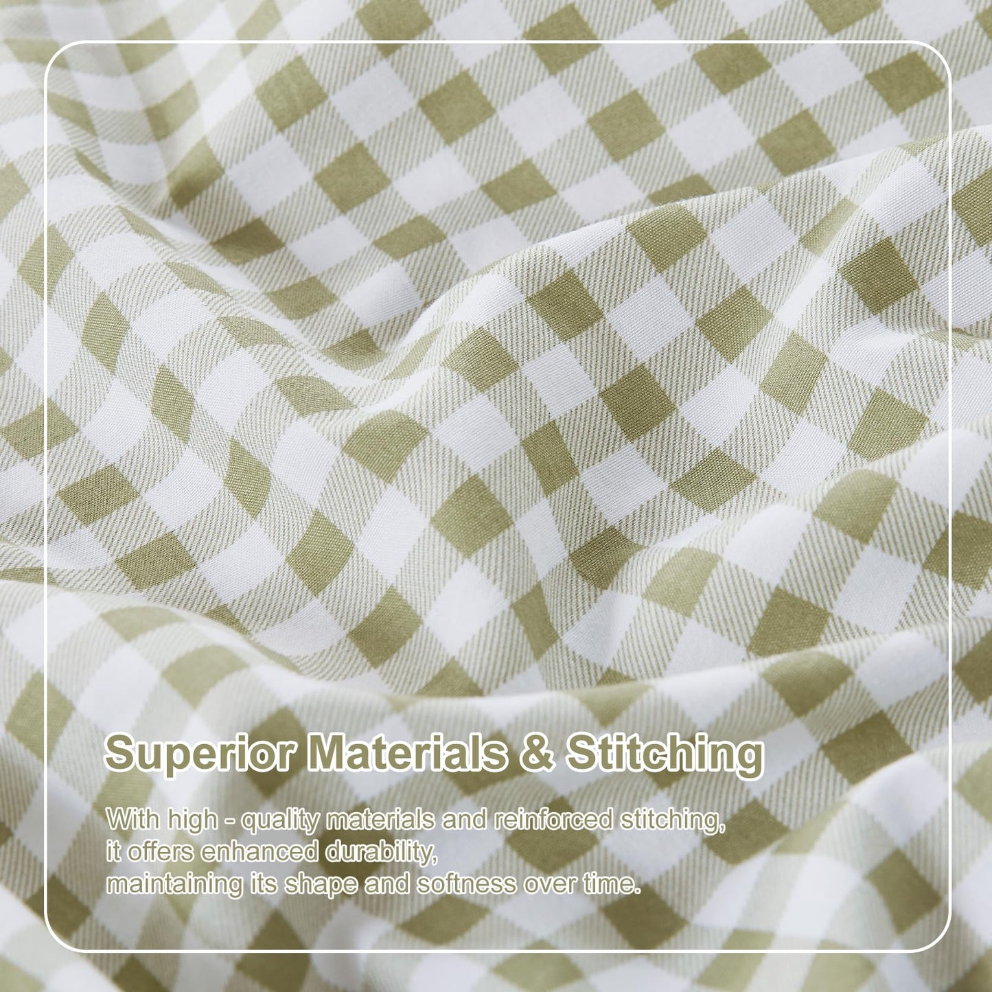 kisswish Gingham Queen Sheet Set, Lightweight Super Soft Brushed Microfiber Plaid Bed Sheets with 16" Deep Pocket, 4 Piece Ruffle Farmhouse Bedroom Decor, Sage Green