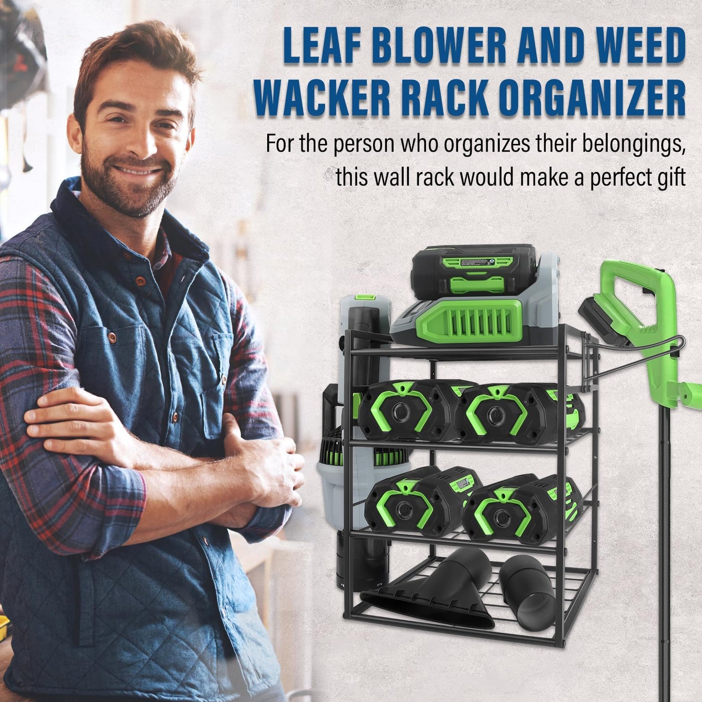 JAYOBGO Power Tool Organizer Wall Mount - Lawn Weed Eater Rack Hanger Power Tool Heavy Duty Holder for Ego Leaf Blower and Weed Eater, 2-in-1, Only Shelf