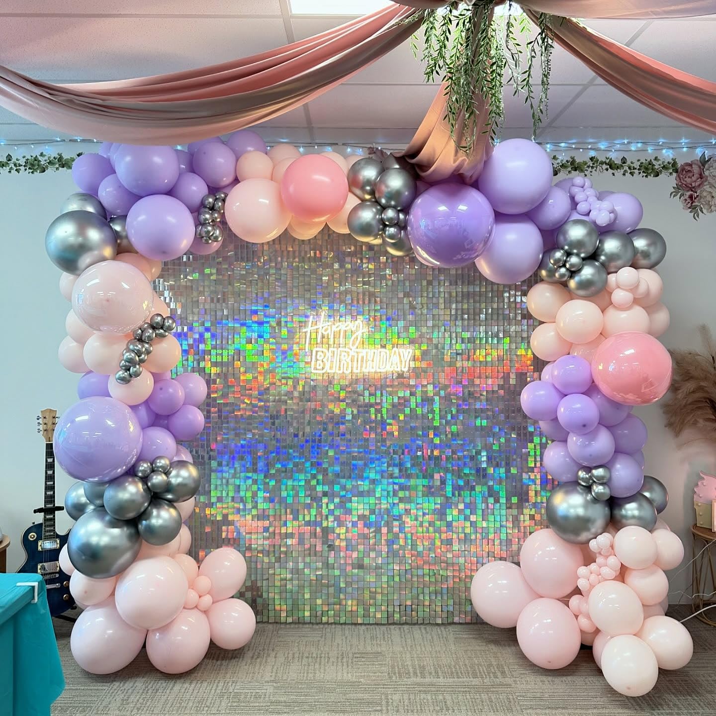 Shimmer Wall Backdrop Iridescent Silver Wall Panels 24Pcs Square Sequin Shimmer Wall Backdrop Decoration for Birthday Party,Wedding, Anniversary