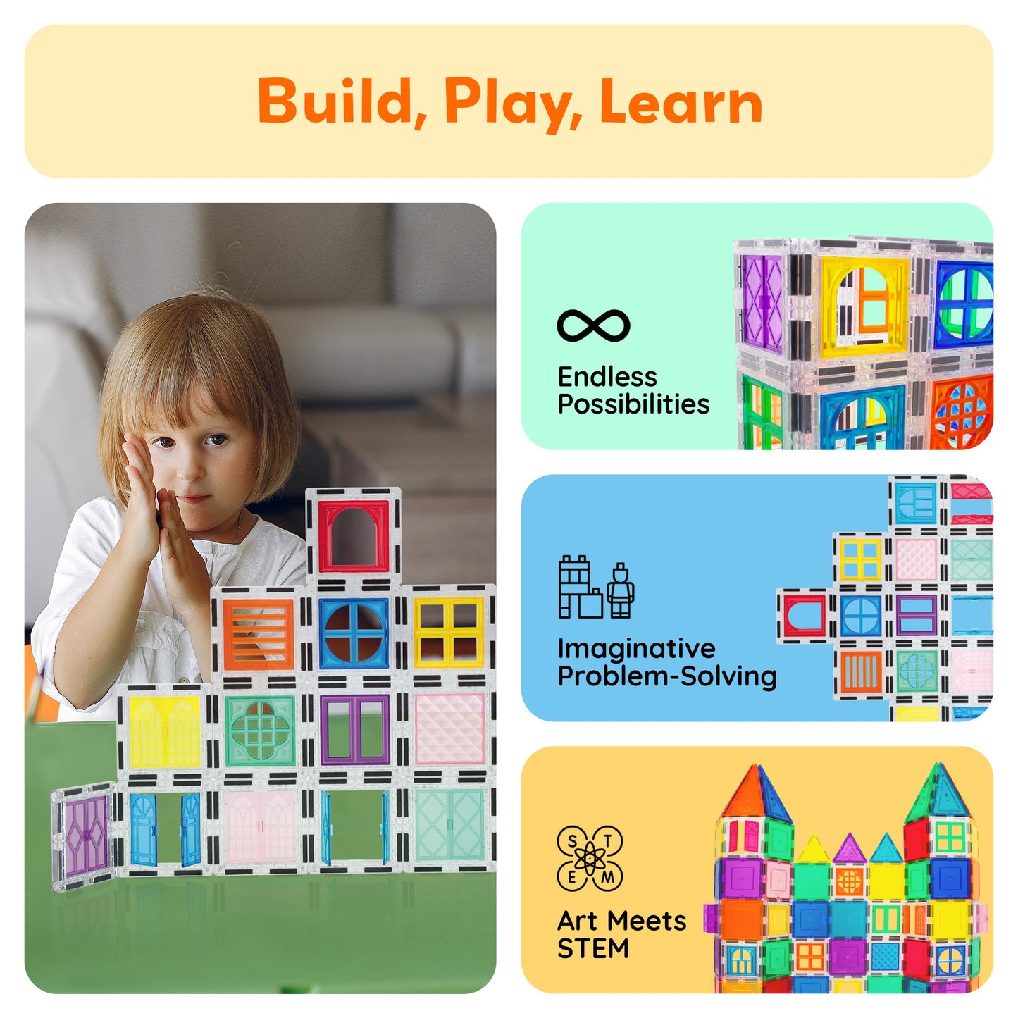 PicassoTiles Magnetic Tiles Toddler Toys Magnetic Building Blocks for Kids 61 Piece STEM Educational Toys for Girls & Boys Ages 3-12 Play for Preschool Learning Stocking Stuffer
