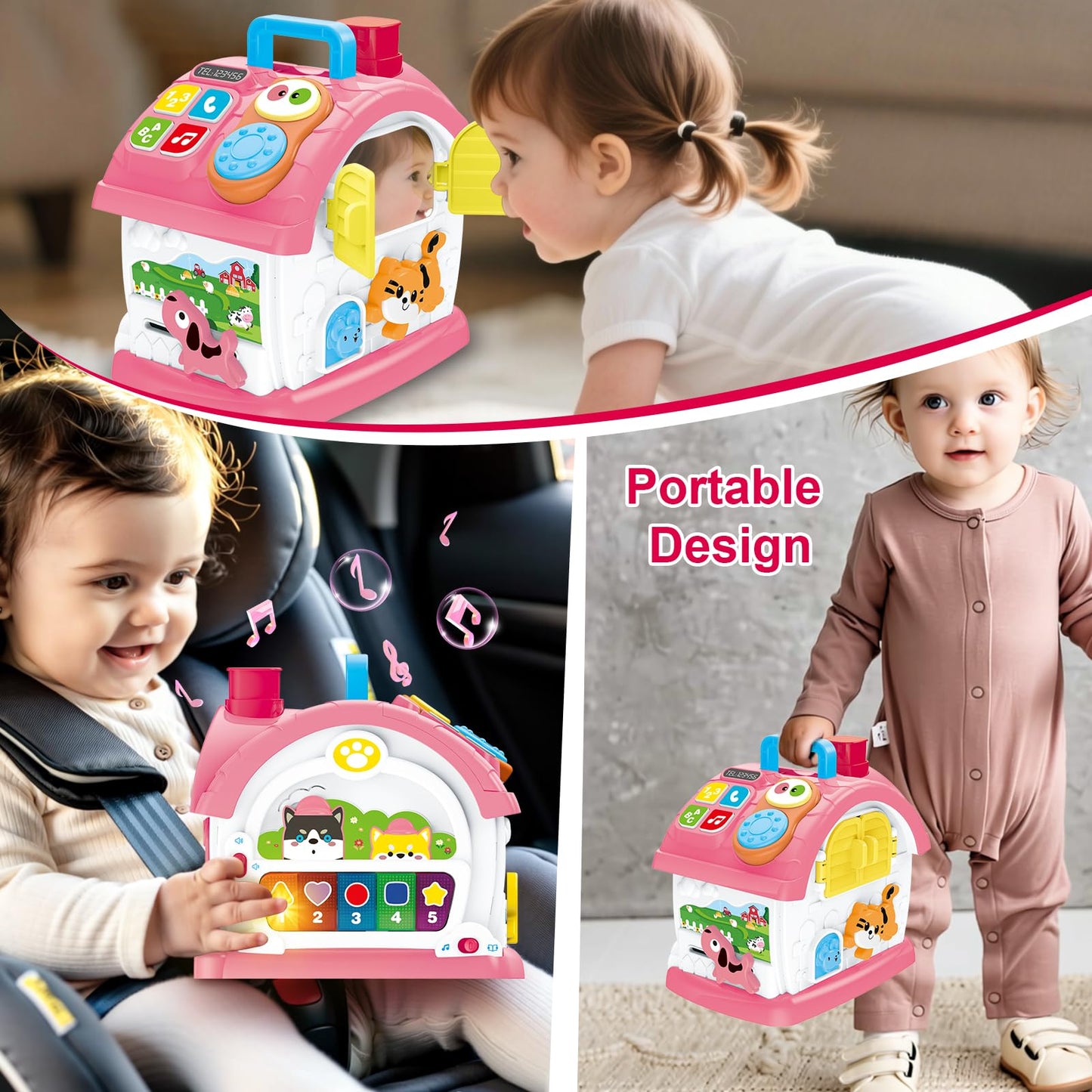DELUTIQUE - Learning Toys for 1 Year Old Girls, 8 in 1 Sensory Toy for Toddlers, Musical House with Play Phone, Mirror, Piano, Montessori Toy for Baby 12-18 Months