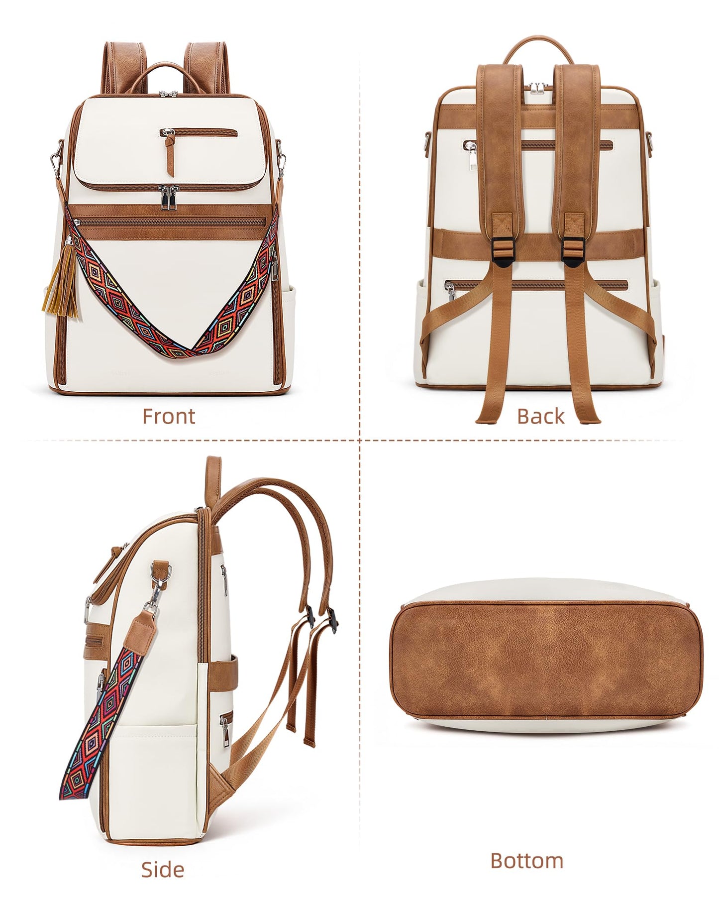 SYTRAH Leather Laptop Backpack for Women Designer Laptop Bag, 16.5 inch Travel Computer Backpacks Purse with Tassel for Work Business with Satchel Purse Beige Brown