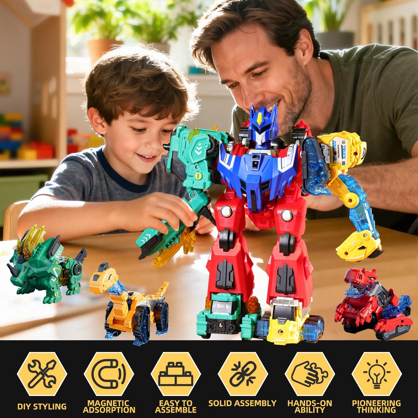 VEAIS - Magnetic Transformation Dinosaur Robot Toys, 6 in 1 Transformer Robot Toy for Kids, Easy Assembly Function, Robot Construction Vehicle Set for Kids