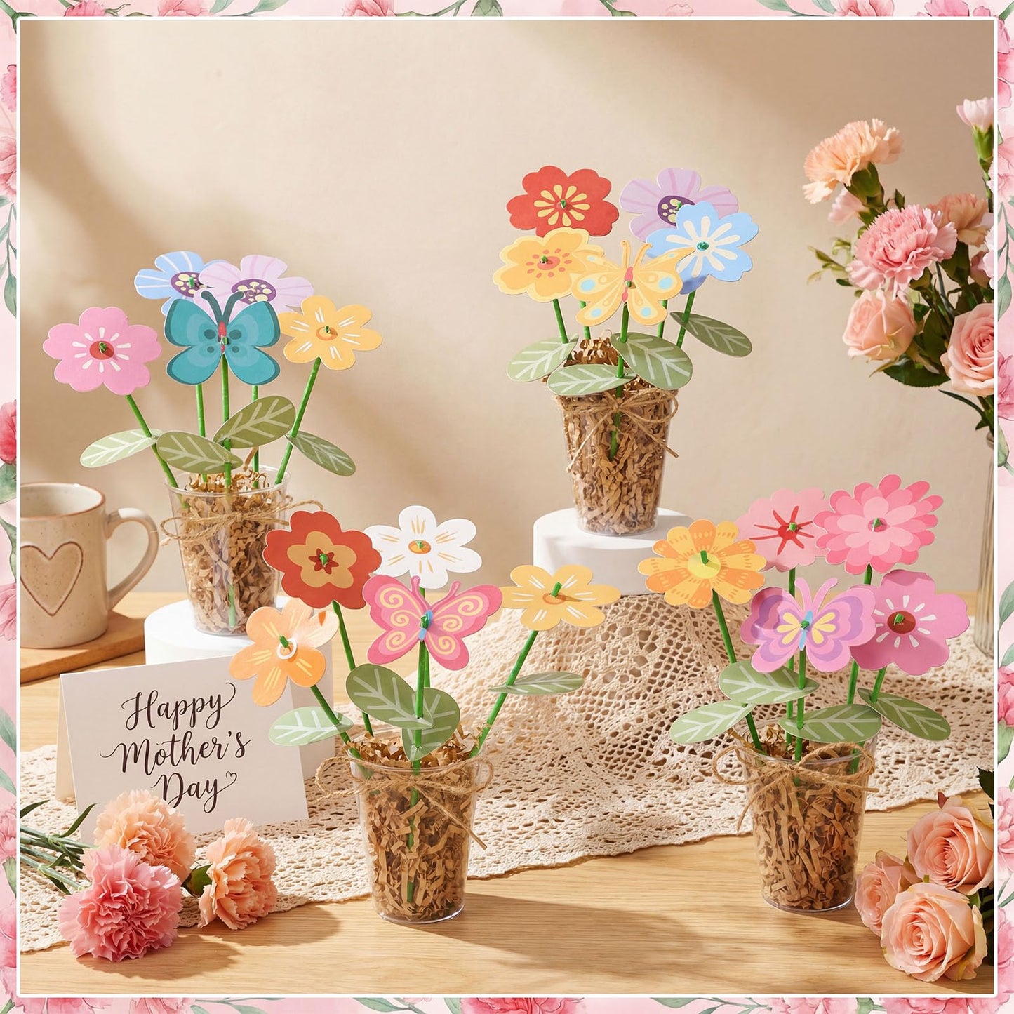 FoldTier 24 Sets Mother's Day Gifts Bulk DIY Flower Bouquet Craft Kit Includes 24 Die-Cut Flower Cards Clear Cups Wooden Stick Twine and Raffia DIY Handmade Gift for Home Mom Creative Activity