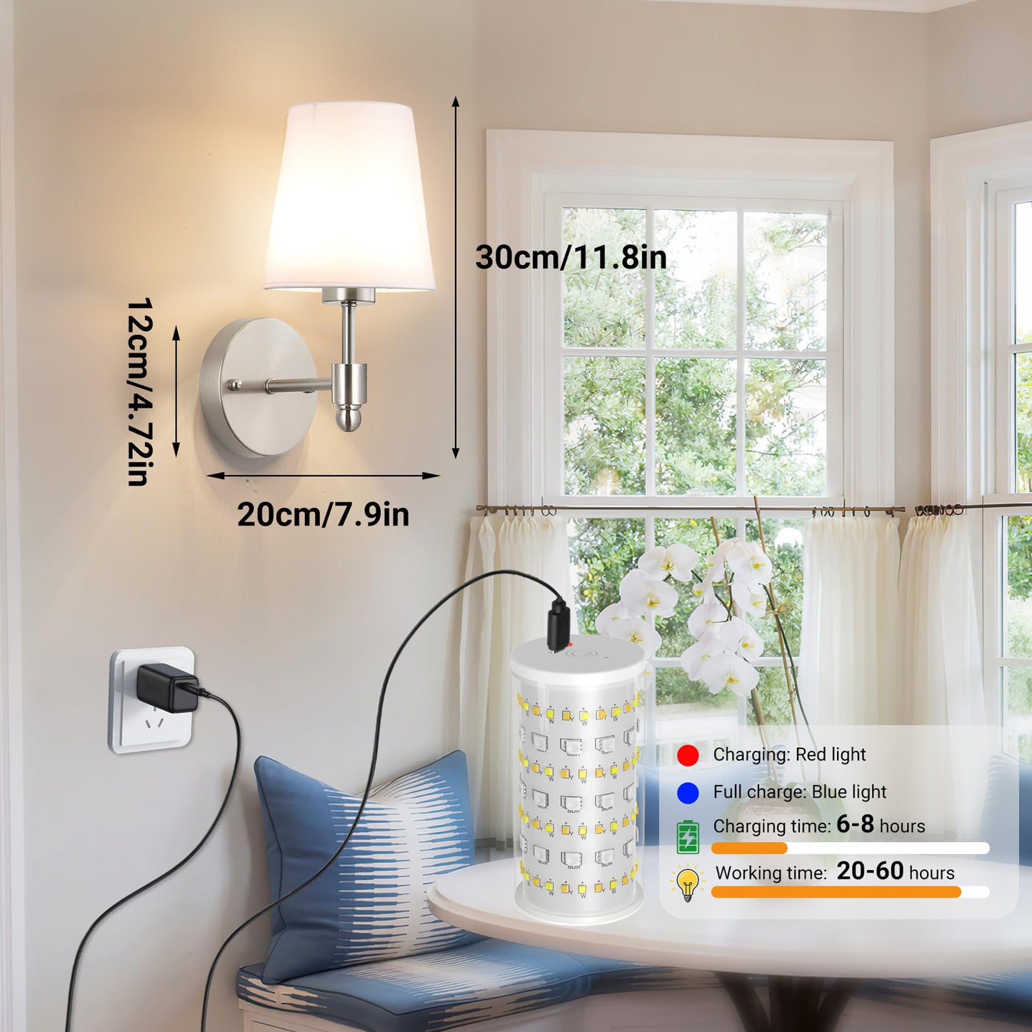 Battery Operated Wall Sconces Set Of 2, Wireless Battery Wall Light With 10000mAh RGB Rechargeable Magnetic Bulb, Rechargeable Wall Sconce With Remote Control For Bedroom, No Electrician Required