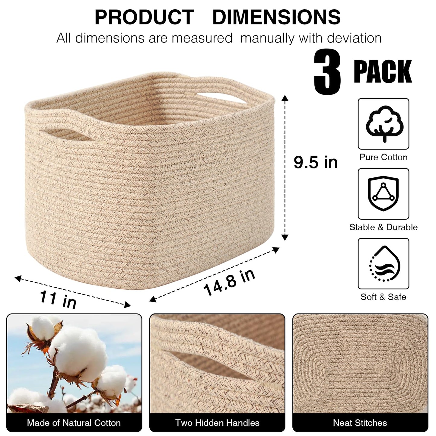 Dcerzxzci Storage Baskets for Organizing Shelves, Woven Cotton Rope Basket for Storage, Dog Toy Baskets Storage Kids, Cute Shelf Basket for Living Room Bedroom, 14.8"×11"×9.5", Pack of 3, Brown