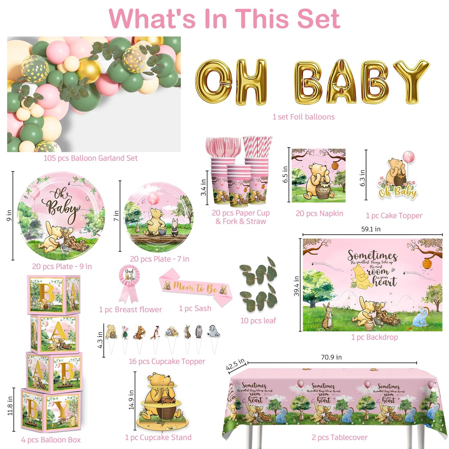 cocomigo 266PCS Pink Classic Bear Baby Shower Decorations Set, All-in-One Party Supplies Pack with 20 Plates, Classic Cupcake Stand, Cupcake Toppers Backdrop, Baby Shower for Girls