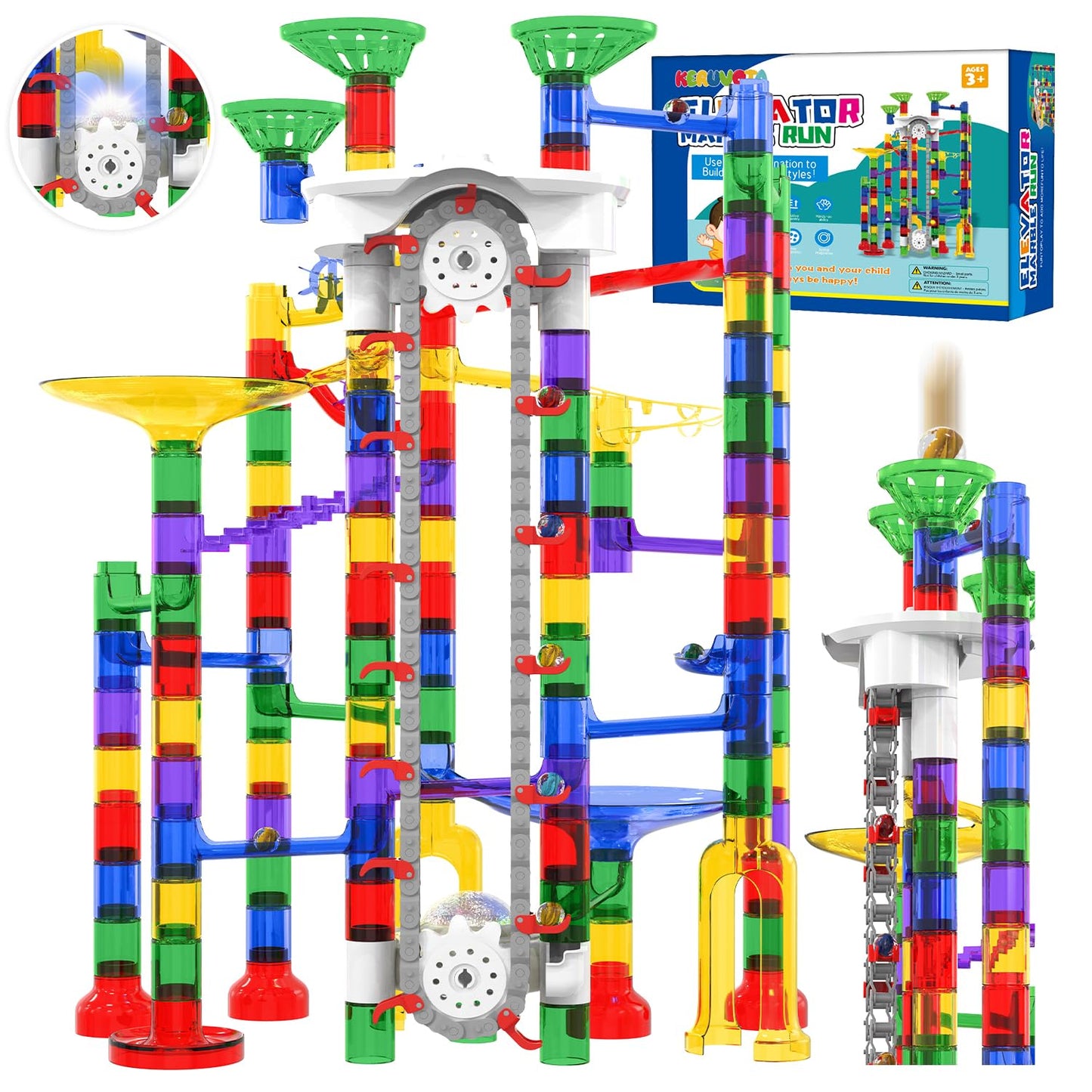 KERUVOTA Big Elevator Marble Run - Construction Building Blocks Toys 220Pcs Marble Race Track with Marbles, Easter STEM Gifts Mrble Runs for Kids 3-5 4-8 8-12 (A-Colorful)