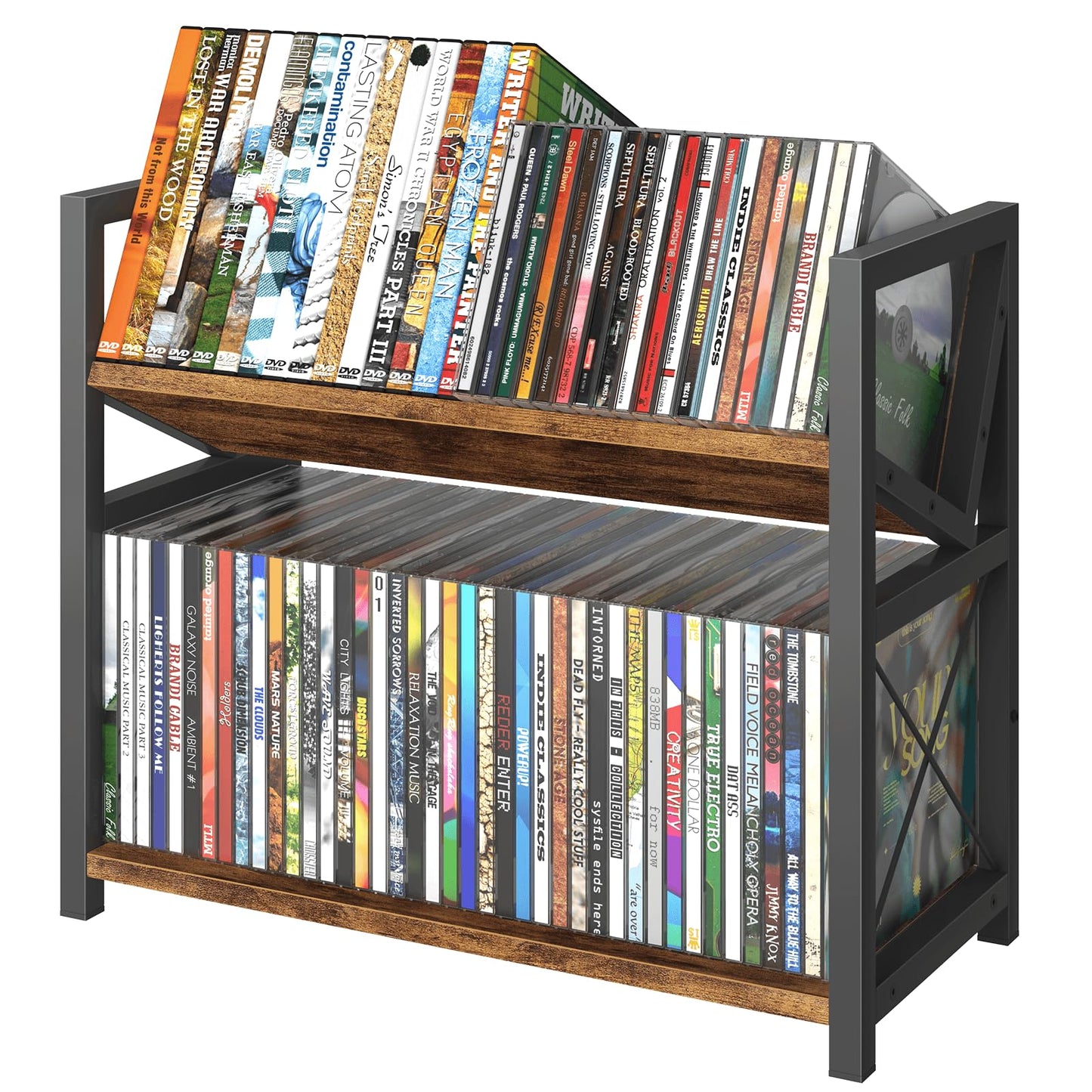 ELITEROO 2-Tier CD Holder, Wooden DVD Storage Rack for Display, Tilting CD Shelf Holds Up to Standard CDs 80 Cases or DVDs 56 cases, Retro Desk DVD Organizer Tower for Music Enthusiasts, Rustic Brown