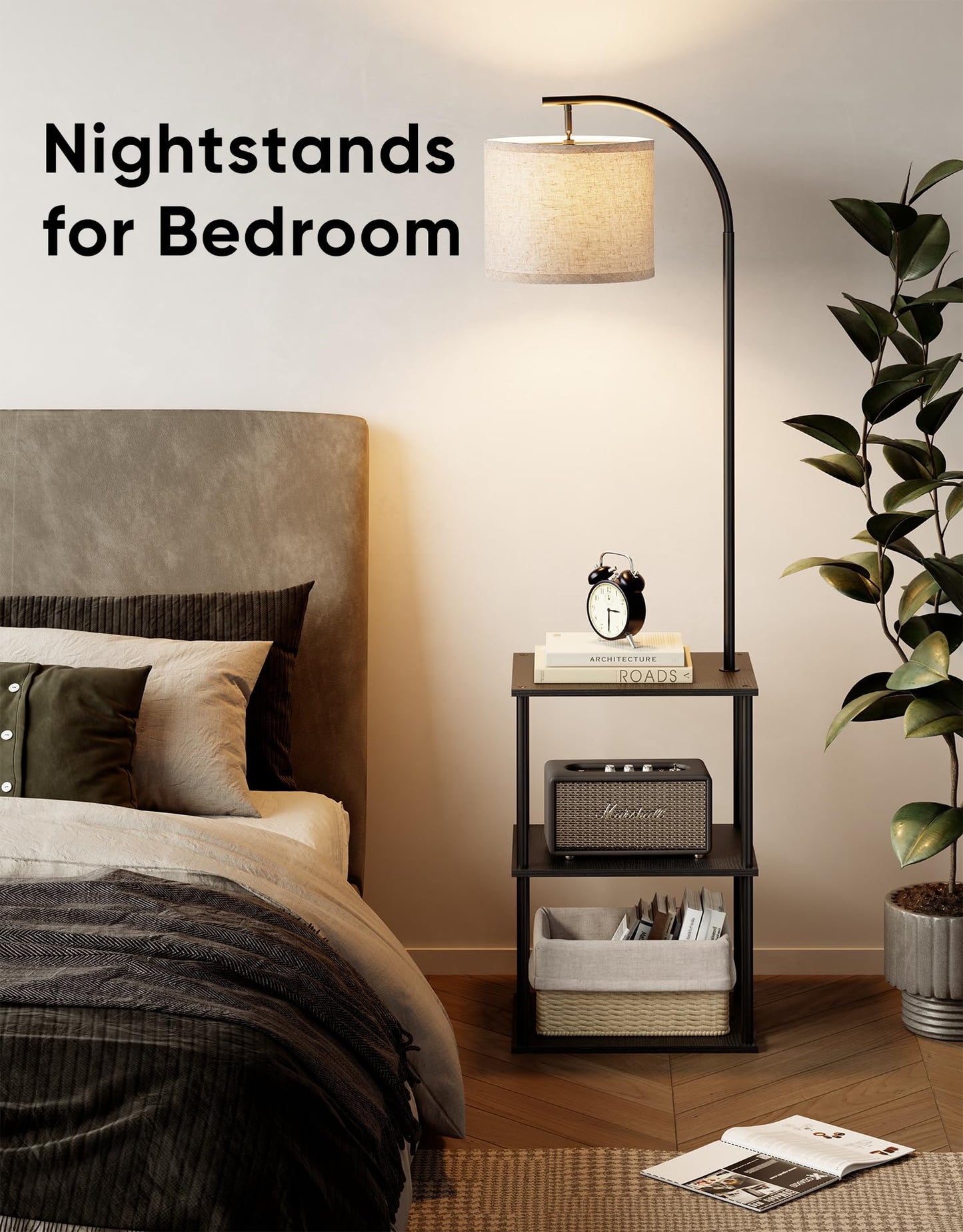 PARTPHONER Floor Lamp with Table, Night Stand with Lamp, Narrow Side Table with 3CCT LED Bulb, Small Coffee Table, Modern End Table with Storage Shelves for Living Room Bedroom Home Décor, Black
