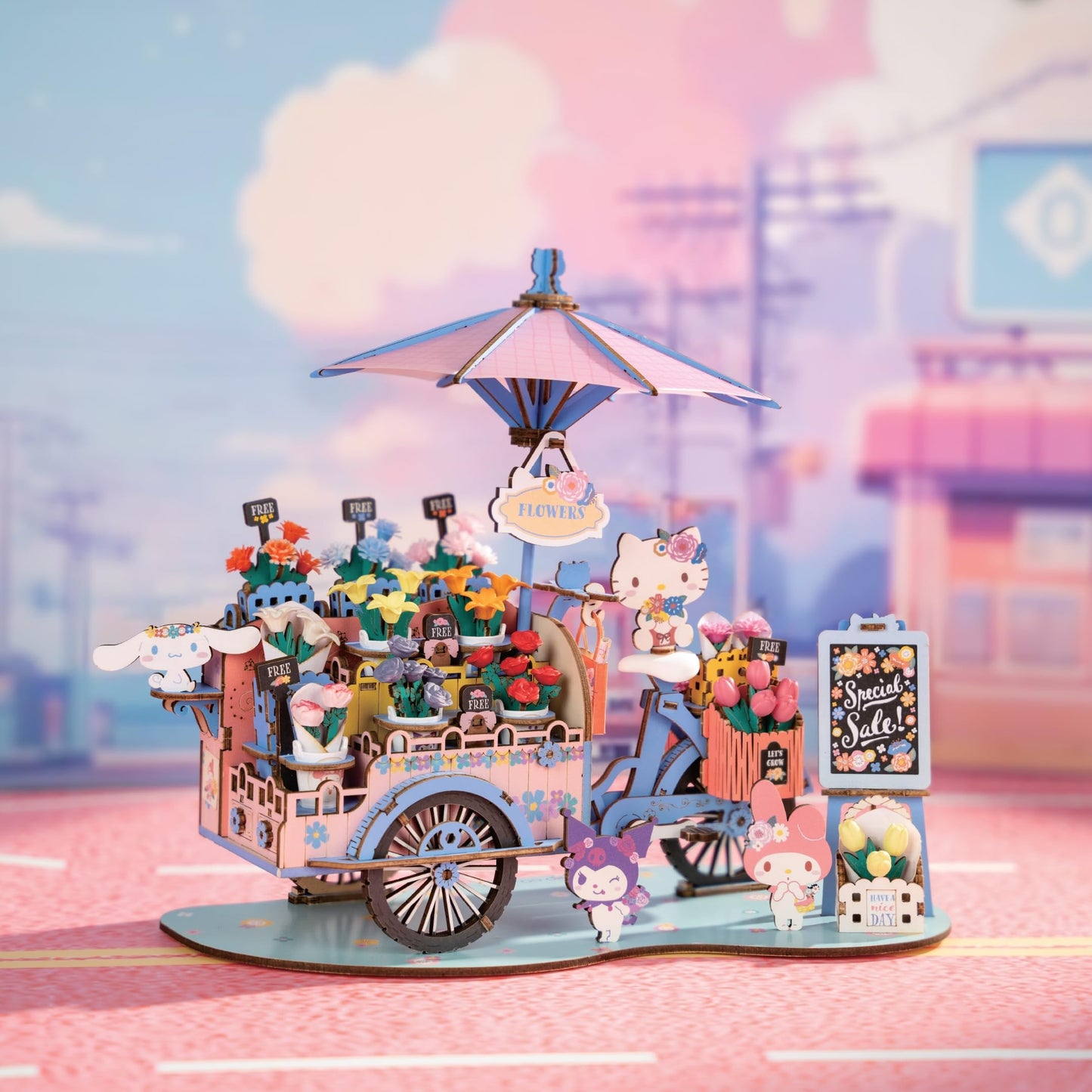 Hands Craft Hello Kitty And Friends Flower Cart 3D Wooden Puzzle Kit | DIY Floral Model | Arts & Crafts for Adults & Kids | Creative Hobby Kits | Hello Kitty Characters | Wood Building Set | Nice Gift