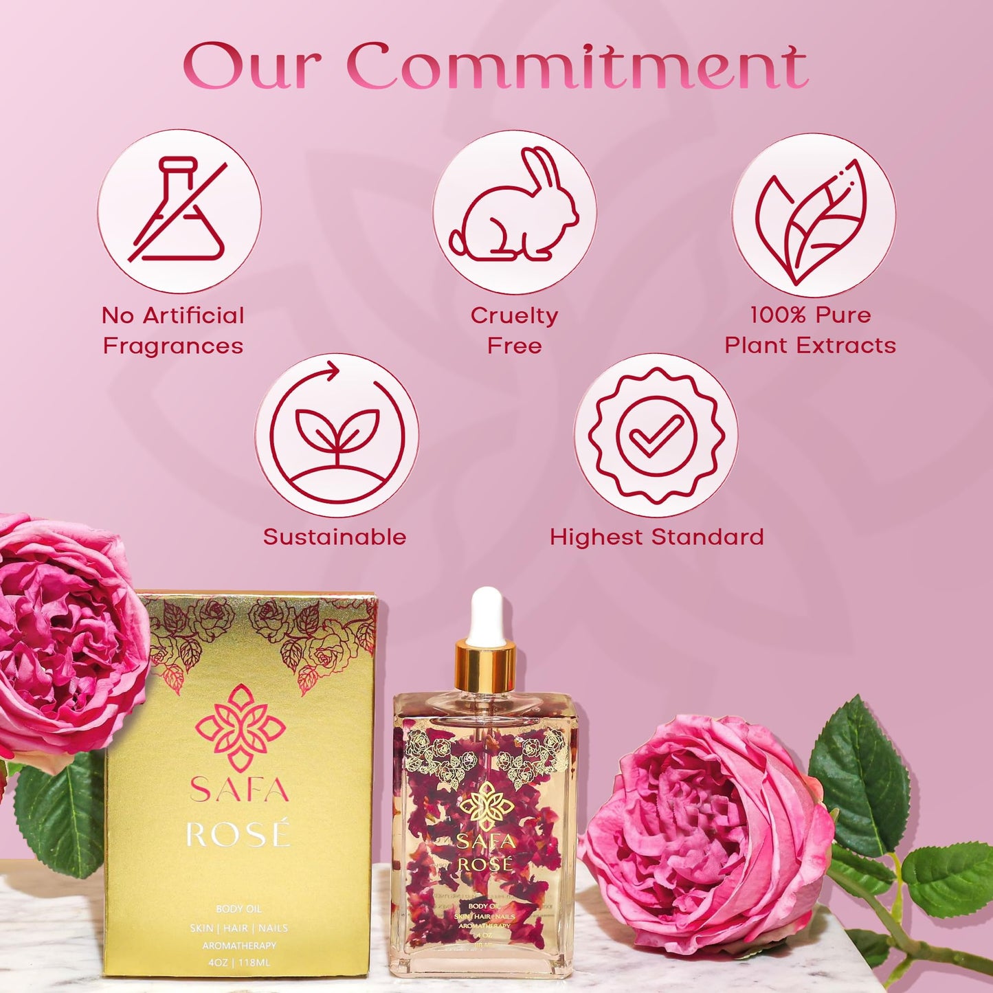 SAFA Rosé Oil - Organic Oil for Face, Body, Hair, Nails & Aromatherapy | Bulgarian Rose Essential Oil for Diffuser | After Shower Body Oil | Skin Moisturizer - 4 Fl Oz (1)