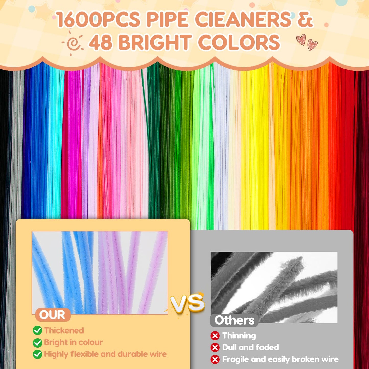 1600 Pieces Pipe Cleaners Craft Supplies, Multi-Color Chenille Stems, Multi-Color Craft Pipe Cleaners Bulk for DIY Art and Craft Projects (6mm x 12 Inch)