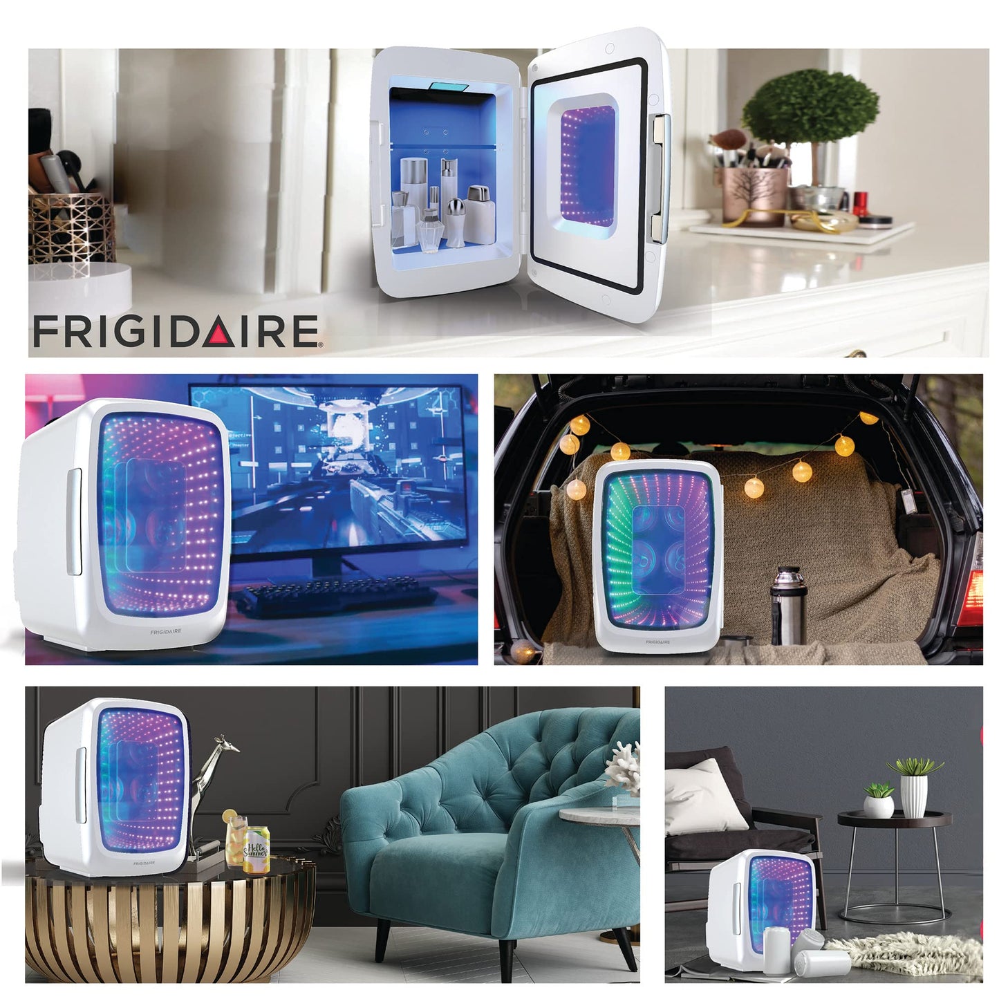 Frigidaire Gaming Light Up Mini Beverage Refrigerator, 6 can, 4 liters, Cooler with large see through door and LED lights Perfect for Gaming Experience, Home, Office, or Cars.12V Charger (White)