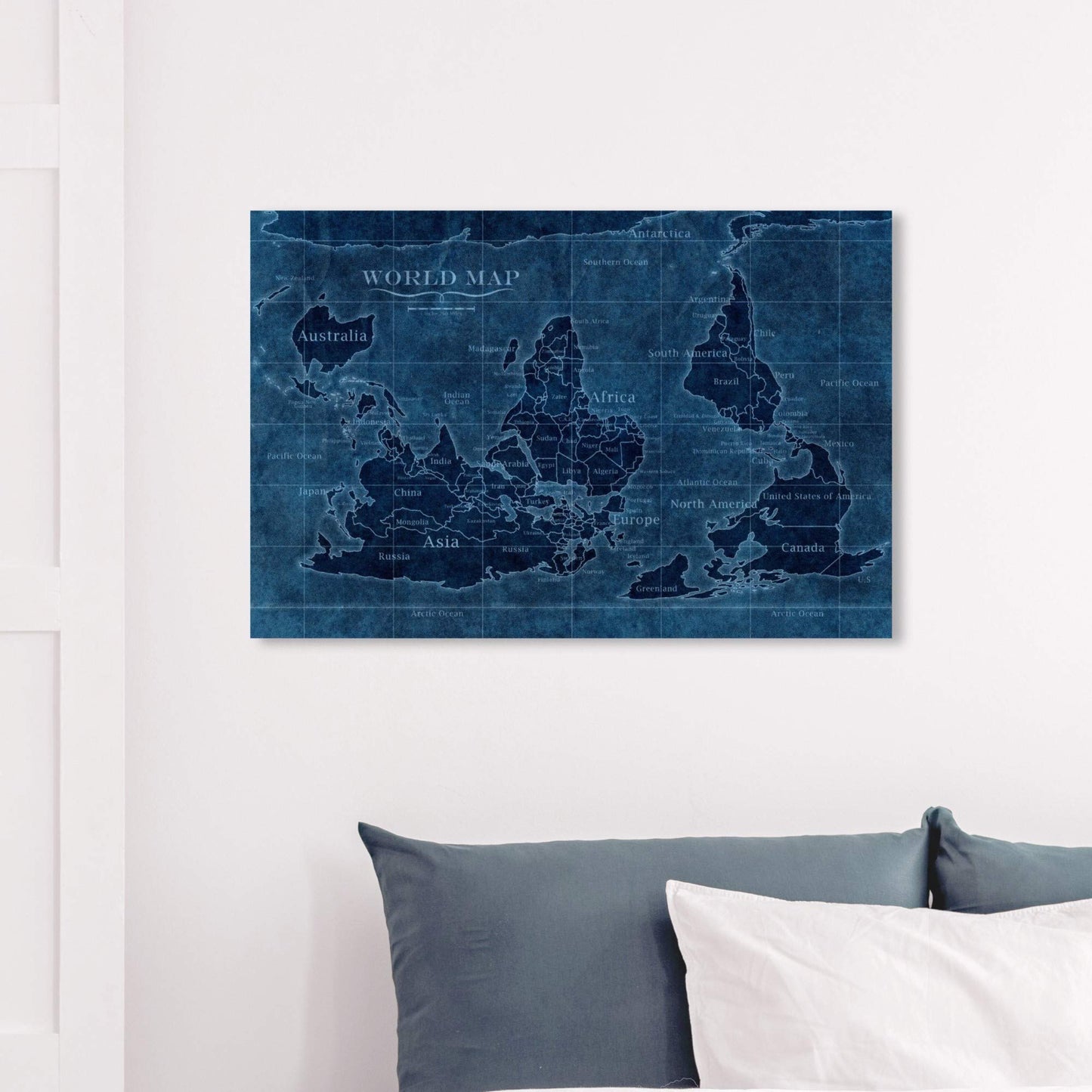Wynwood Studio Flags Wall Art Canvas Prints 'Upside-Down Map of The World' Home Décor, 36" x 24", Blue, Blue