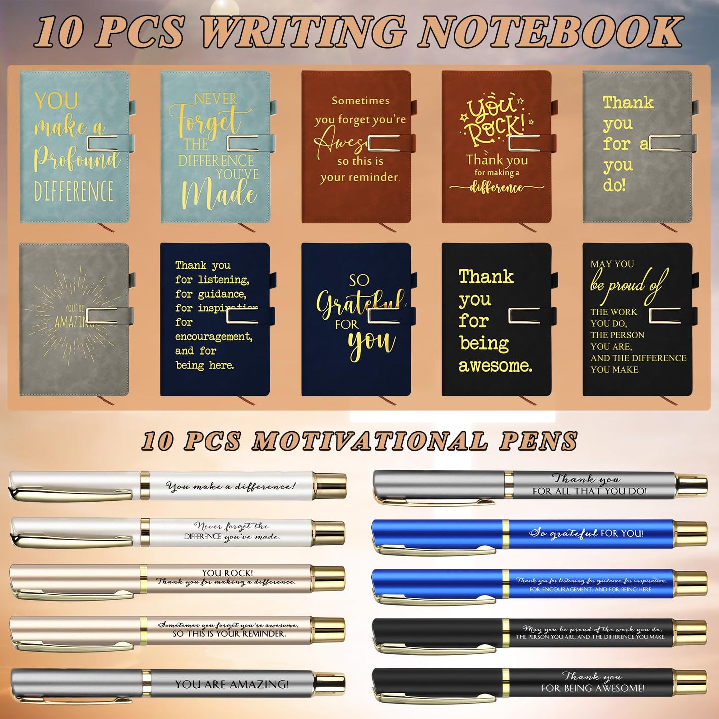 Kosiz 10 Set Employee Appreciation Gifts Bulk Inspirational A5 Leather Journal Notebook Motivational Notepad Appreciation Ballpoint Pen Thank You Gifts for Back to School Teacher Nurse Coworker Team