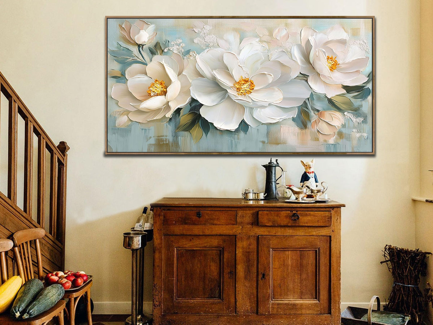Enartly White Flowers Framed Wall Art for Living Room, 3D Textured Floral Canvas Painting Sage Florals Picture Artwork for Bedroom Dining Room Kitchen Home Office Wall Decor, 40"x20"