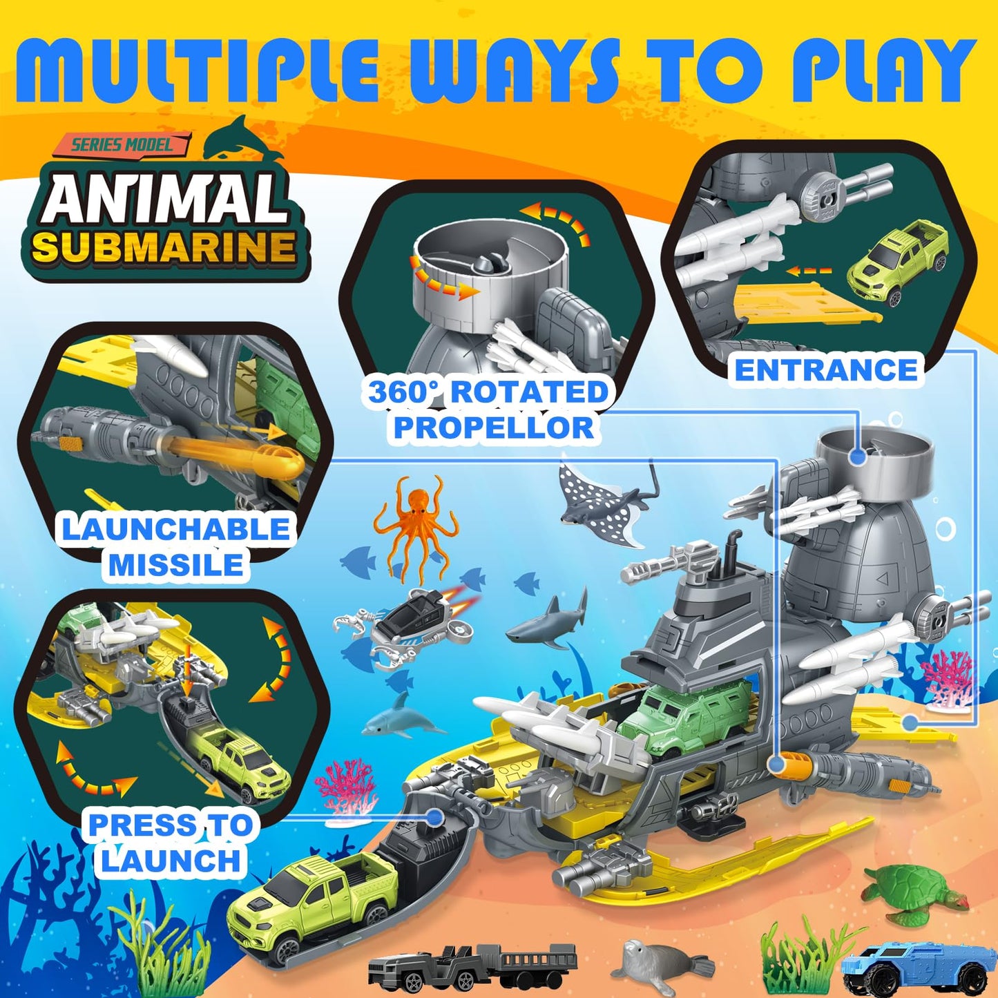 Frontoytall Deep Sea Creatures & Submarine Toy, Ocean Animal Toys with Truck Cars, 23 Piece Educational Playset for Kids Ages 3+ Years Old, Indoor & Outdoor Play, Preschool Learning for Boys Girls