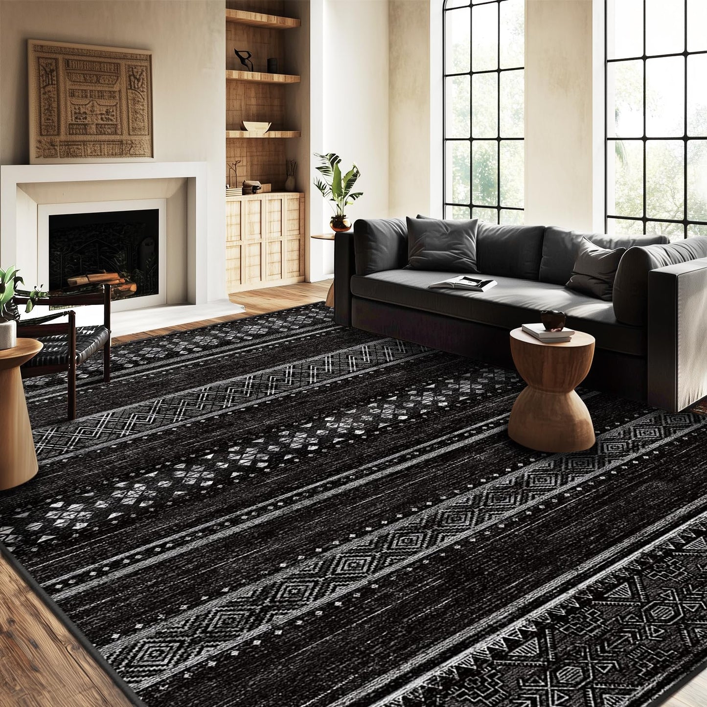 BESTSWEETIE 5x7 Area Rugs for Living Room Washable Moroccan Farmhouse Neutral Geometric Low Pile Non-Slip Soft Print Pattern Rug for Bedroom Kitchen Dining Room Entryway Black/White