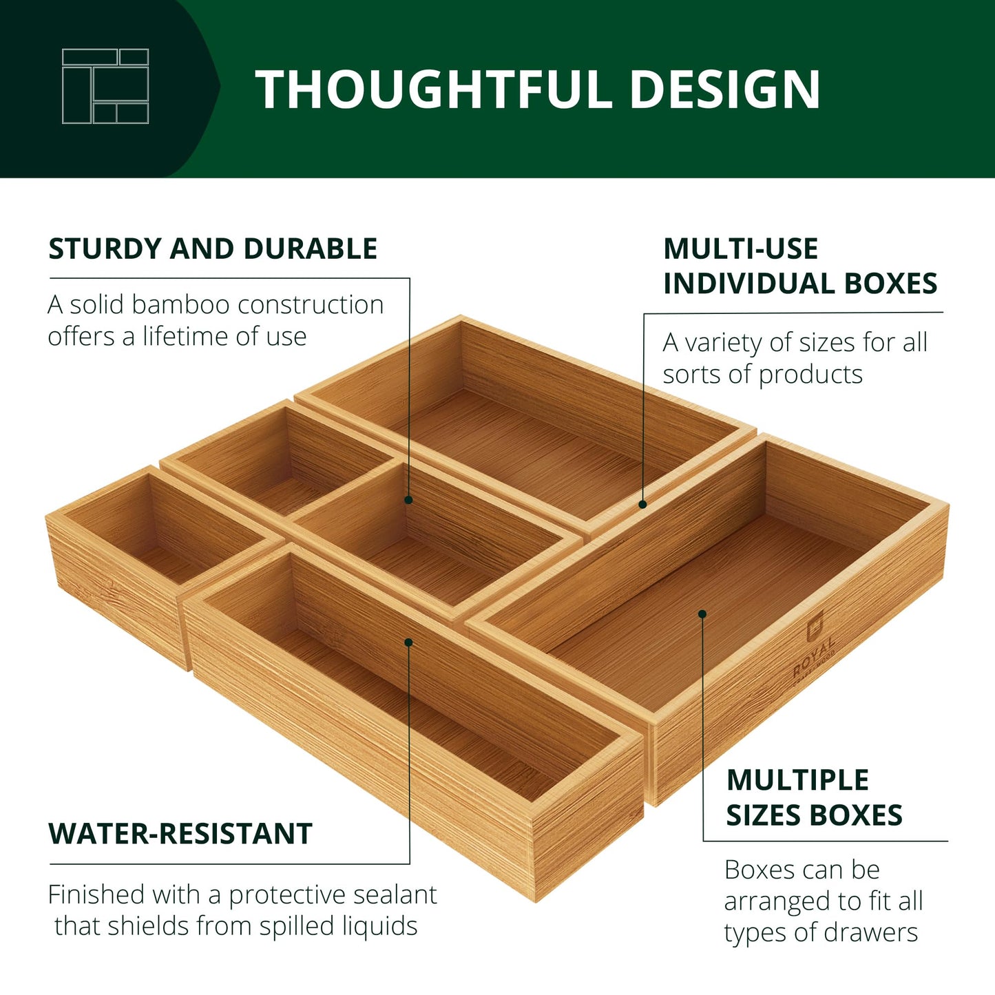 ROYAL CRAFT WOOD Premium Carbonized Bamboo Decorative Boxes - Drawer Organizer Set (5-Piece) – Wood Storage Boxes for Kitchen, Bathroom, Office & Makeup