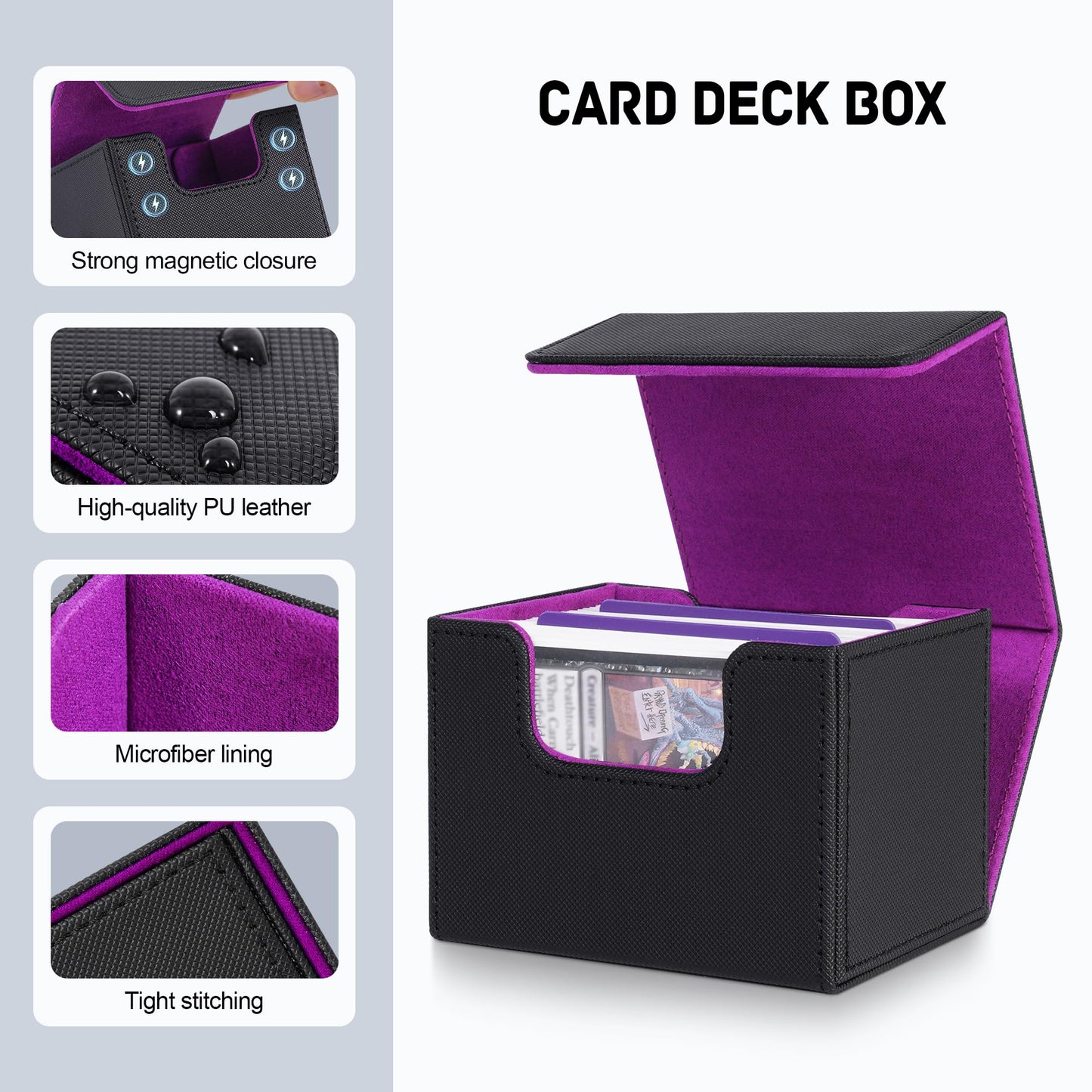 ZLCA Card Deck Box for Trading Cards, MTG Commander Deck Box Holds 120+ Single Sleeved, Leather Magnetic Card Storage Case Fits for TCG CCG Magic(Black Set)
