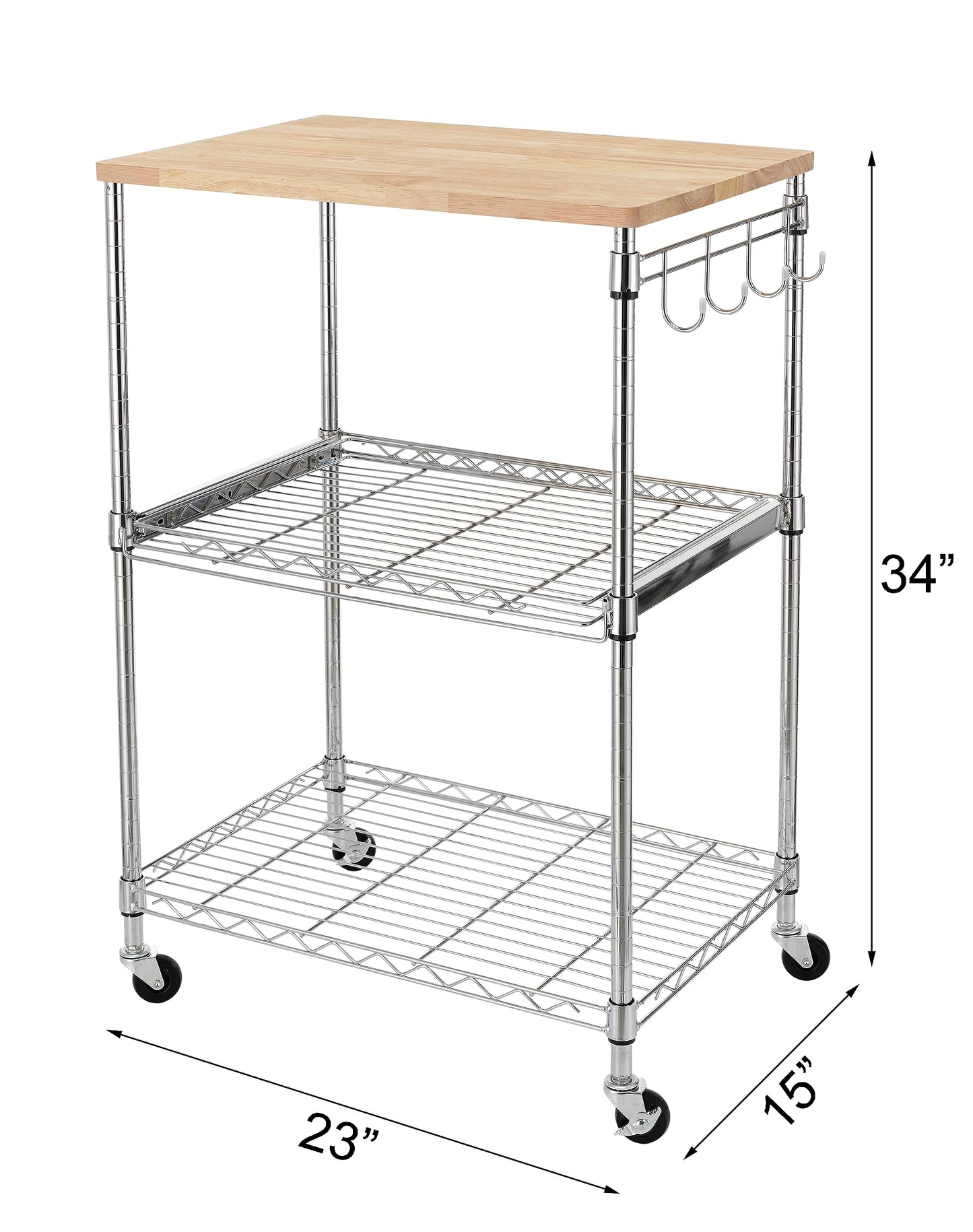Finnhomy 3-Tier Rolling Kitchen Cart, Microwave Cart with Oak Wood Tabletop and Drawer Slider, Coffee Cart & Food Service Cart with Hooks, Chrome